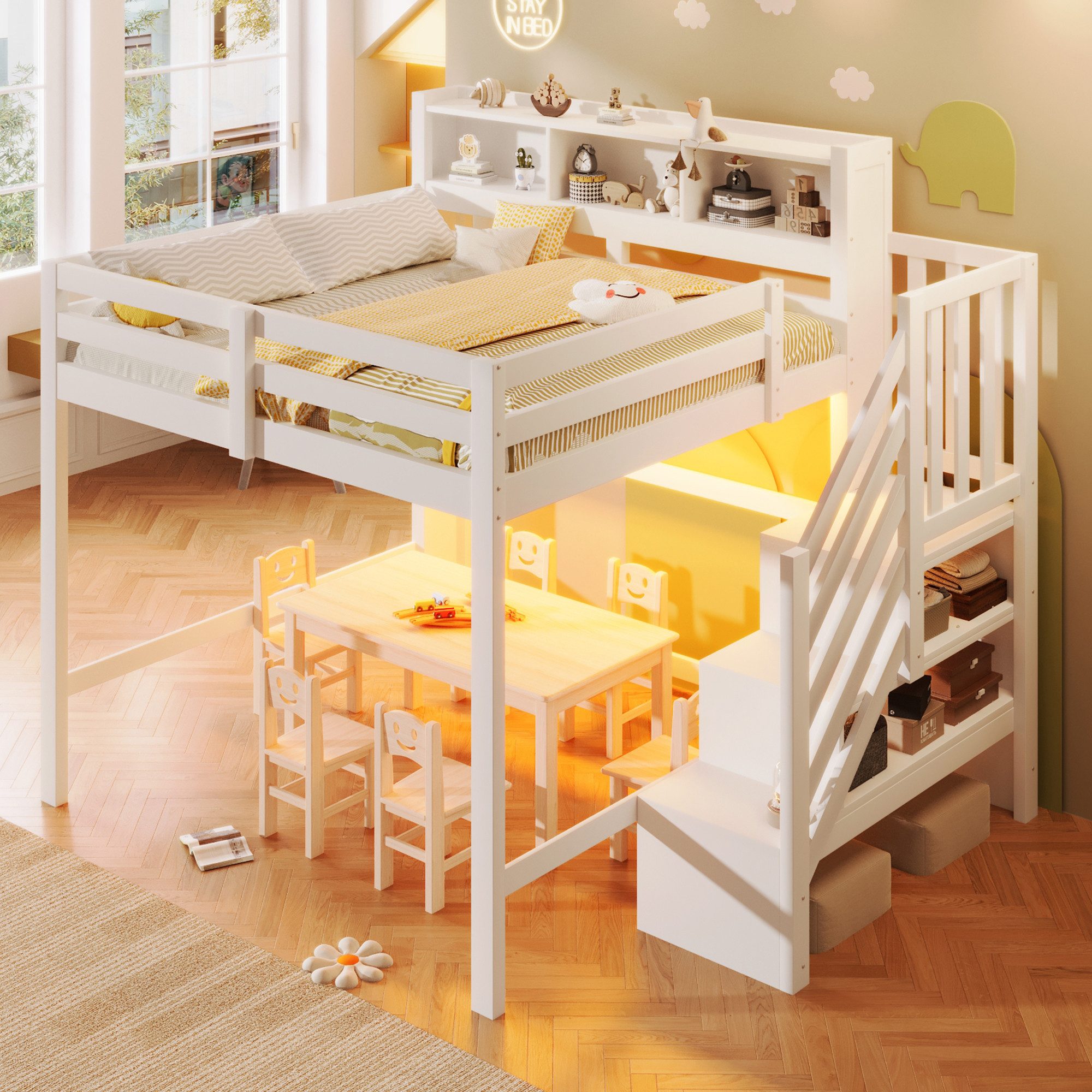 Flieks Hochbett Kinderbett 140x200cm mit LED-Beleuchtung und Stauraumtreppe