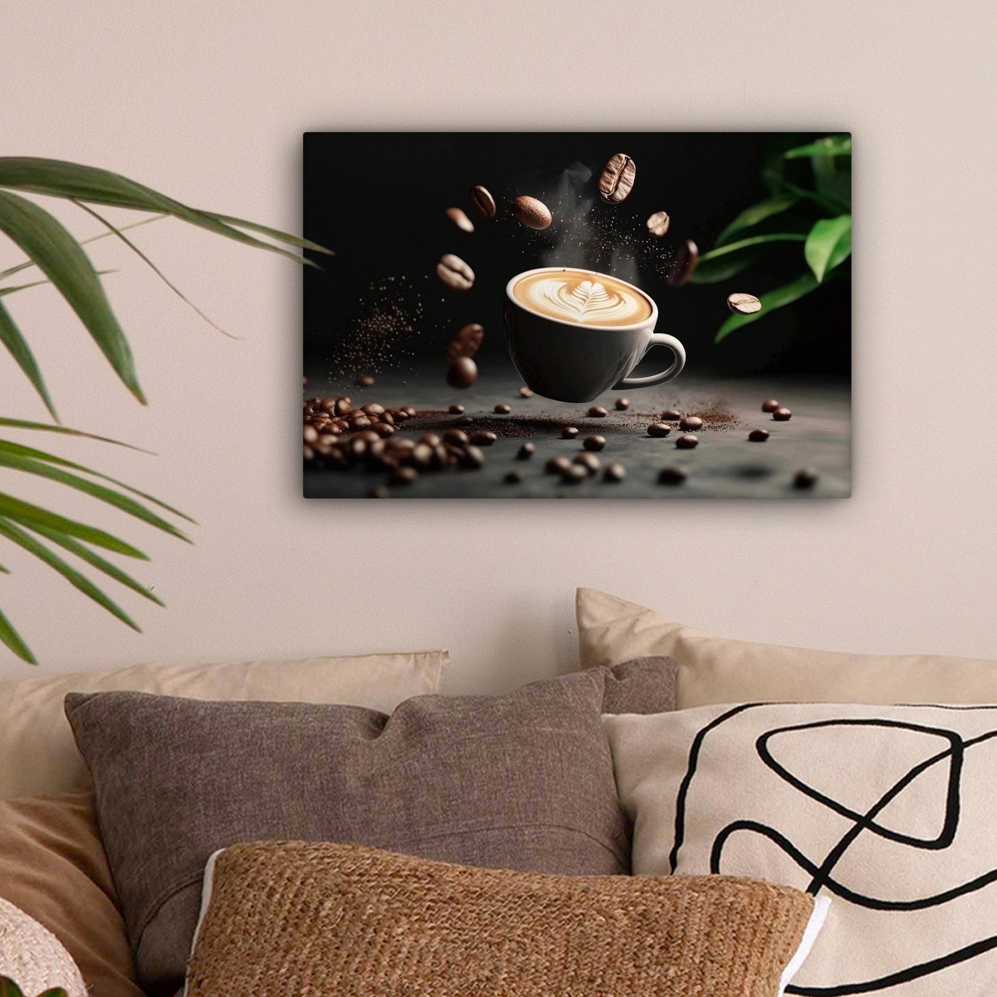 OneMillionCanvasses® Leinwandbild Cappuccino - Tasse - Bohnen - Braun, Foto günstig online kaufen