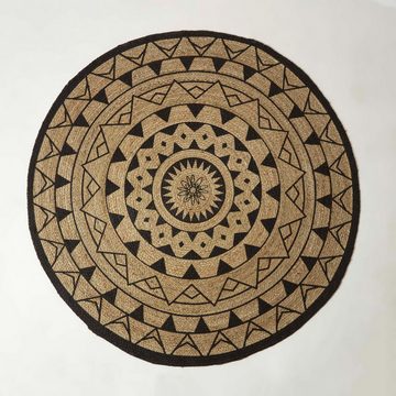 Teppich Runder Teppich Mandala 200 cm – Hanf-Teppich geflochten, schwarz-natur, Homescapes, Höhe: 20 mm