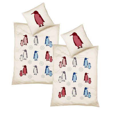 Bettwäsche JACK by Fleuresse 4tlg. Fein Biber Bettwäsche 135x200cm Pinguin Rot, JACK, Biber, 4 teilig, süße Pinguine mit Schneeflocken, Baumwolle, mit Reißverschluss