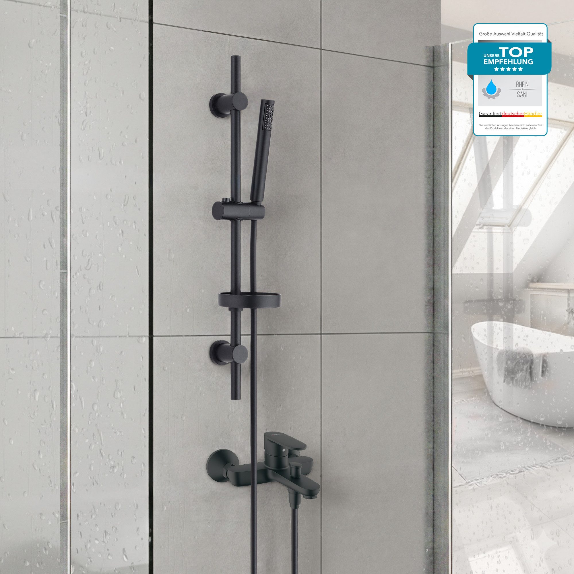 hansgrohe Wannenarmatur Vernis Blend Wannenmischer Set mit Aloni Handbrause und Regendusche (Spar-Set) Einhebel Badewannenarmatur, chrom oder schwarz matt