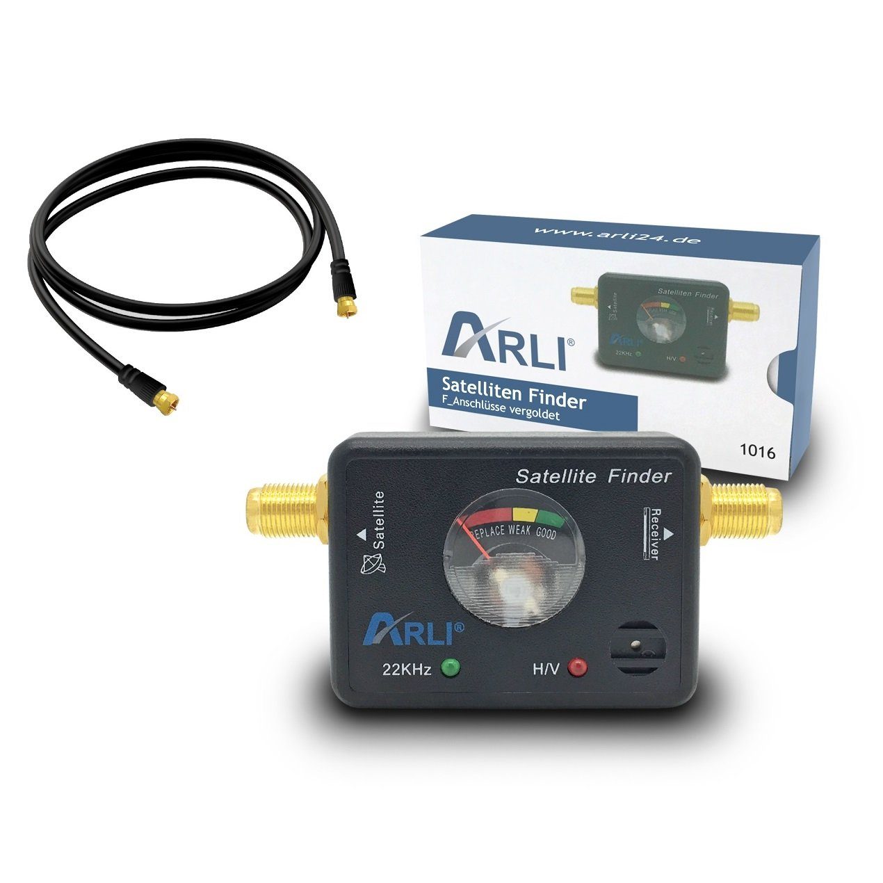 ARLI Satfinder Satfinder + 1m Anschlusskabel schwarz vergoldet (Satfinder und Kabel, 1-St., Set), hohe Qualität