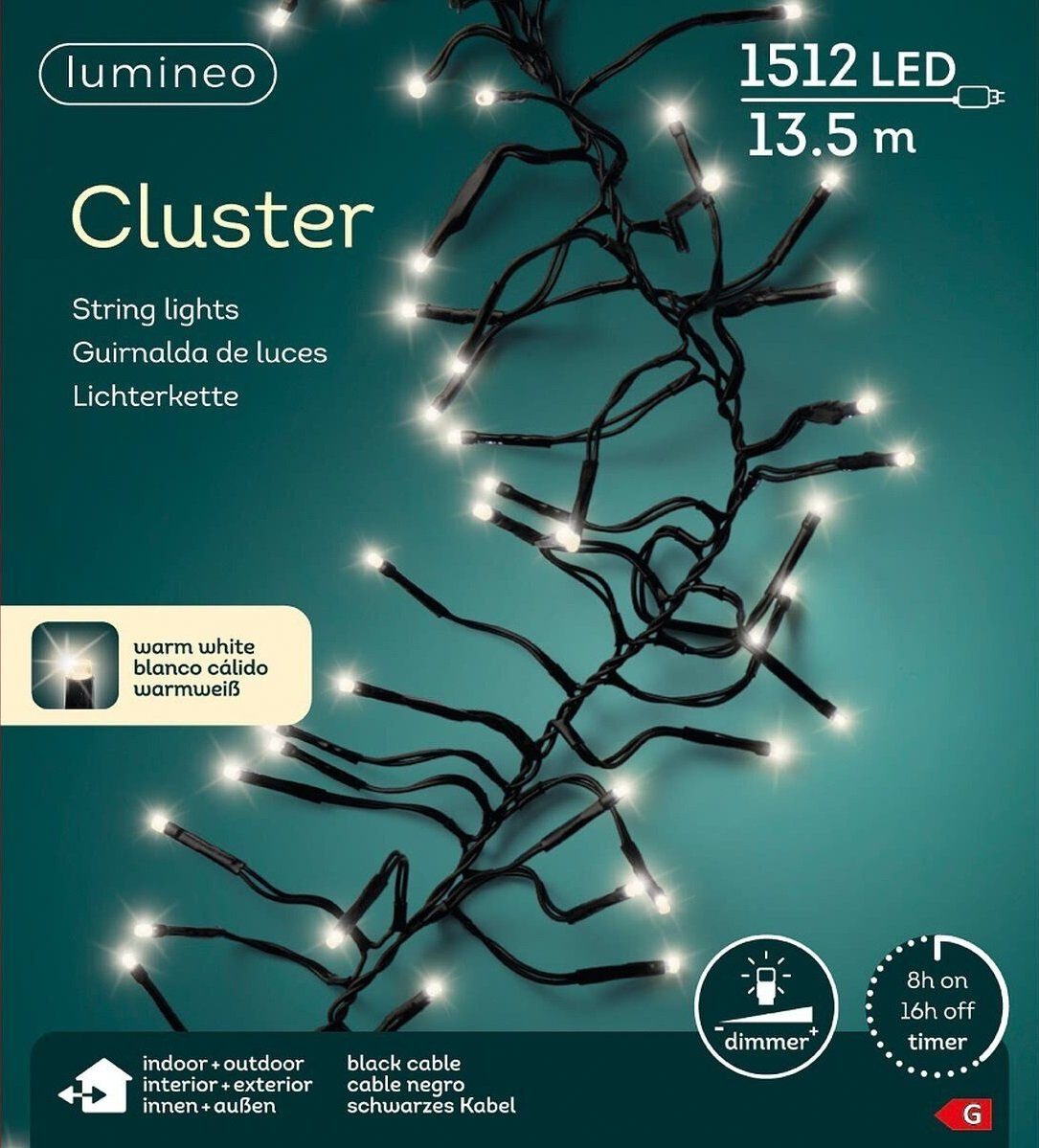 Kaemingk Lumineo LED-Lichterkette Lumineo Lichterkette Cluster 1512 LED 13,5m warm weiß, schwarzes Kabel, Dimmbar, Timer, Indoor, Outdoor