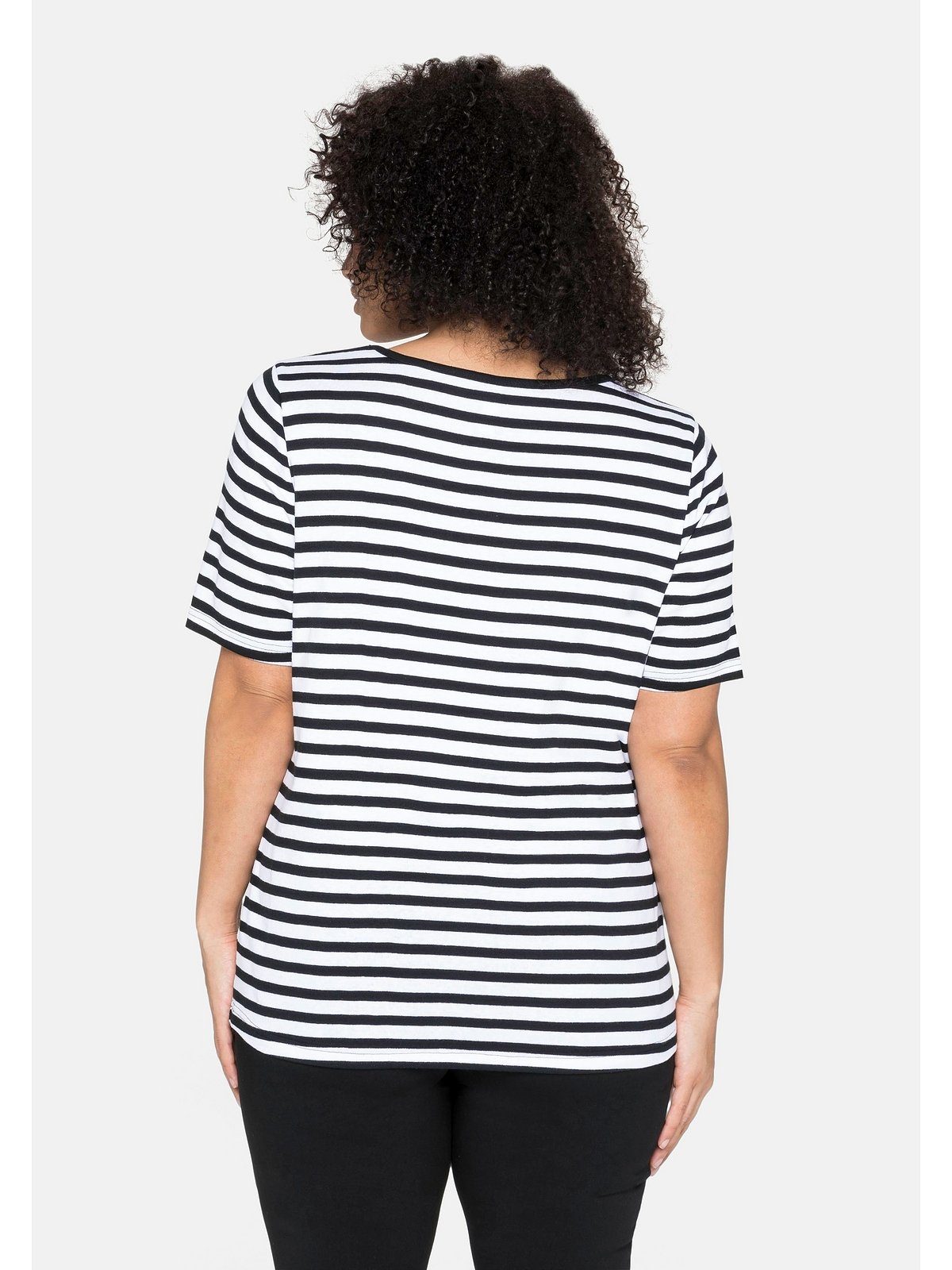 Sheego T-Shirt Große Größen mit Rippware aus garngefärbtem schwarz-weiß Ringel