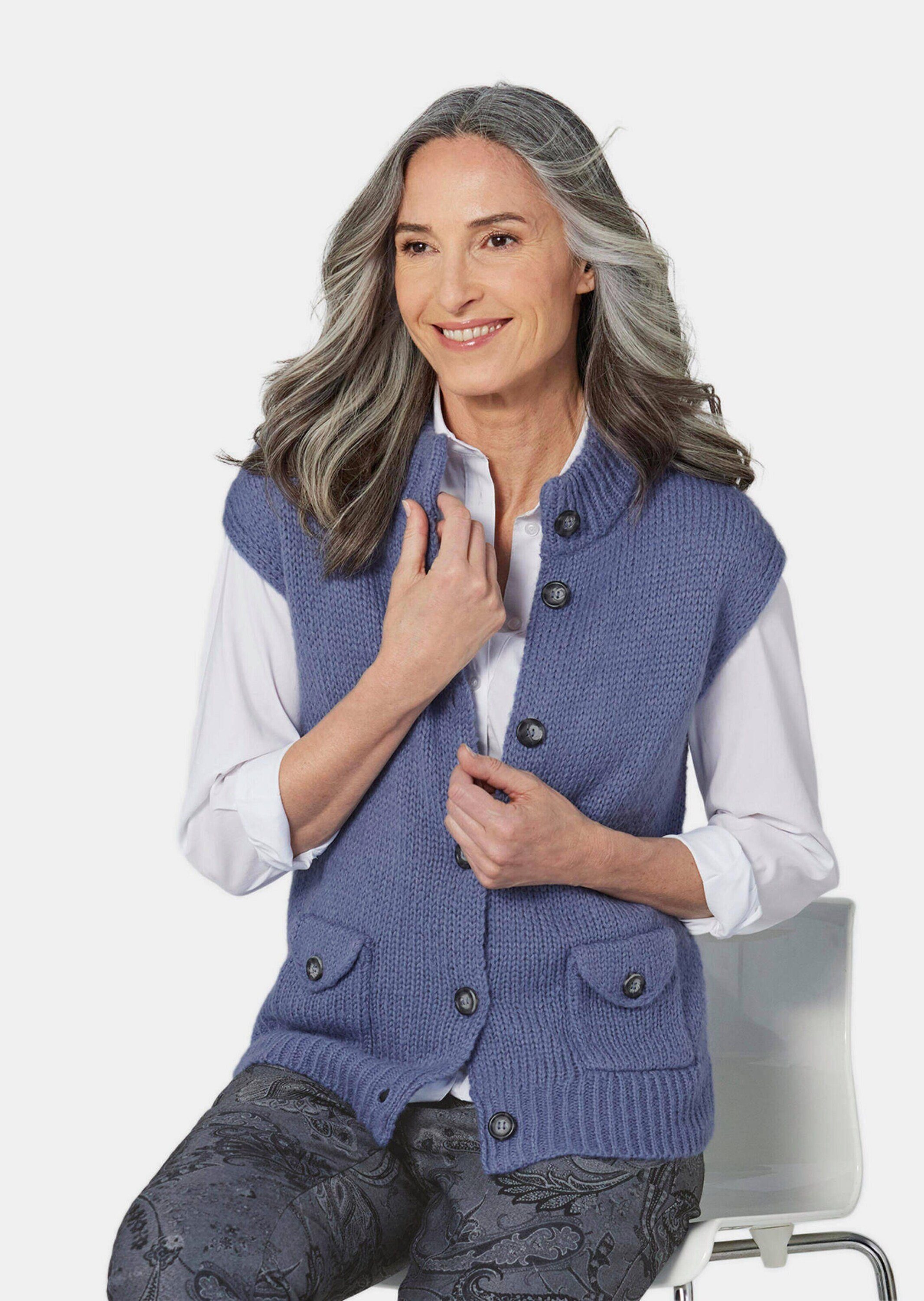 GOLDNER Strickweste Stilvoller Strickpullunder, Stehkragen Herbstweste mit Knopfleiste, Rippenblenden, Taschen und ohne Arm