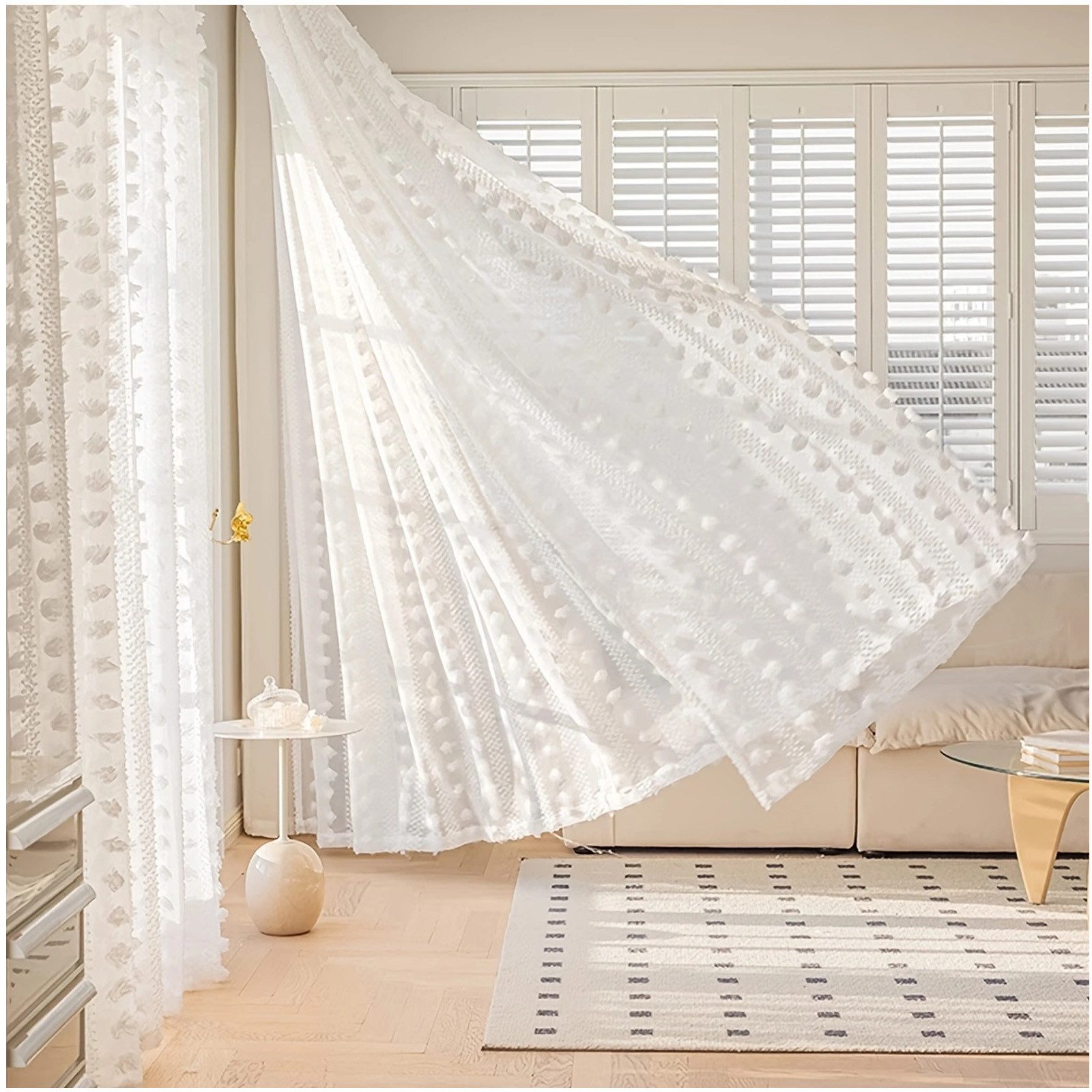 Qelus Vorhang Pompons Voile Gardinen Weiß günstig online kaufen