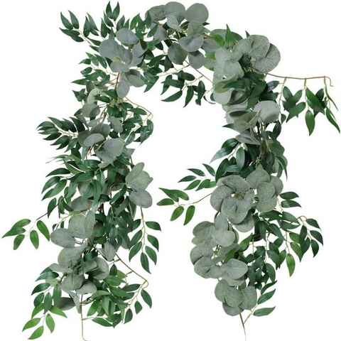 Kunstpflanze Girlande aus künstlichem Silber mit Eukalyptus und Weide, Weinranken, Houhence