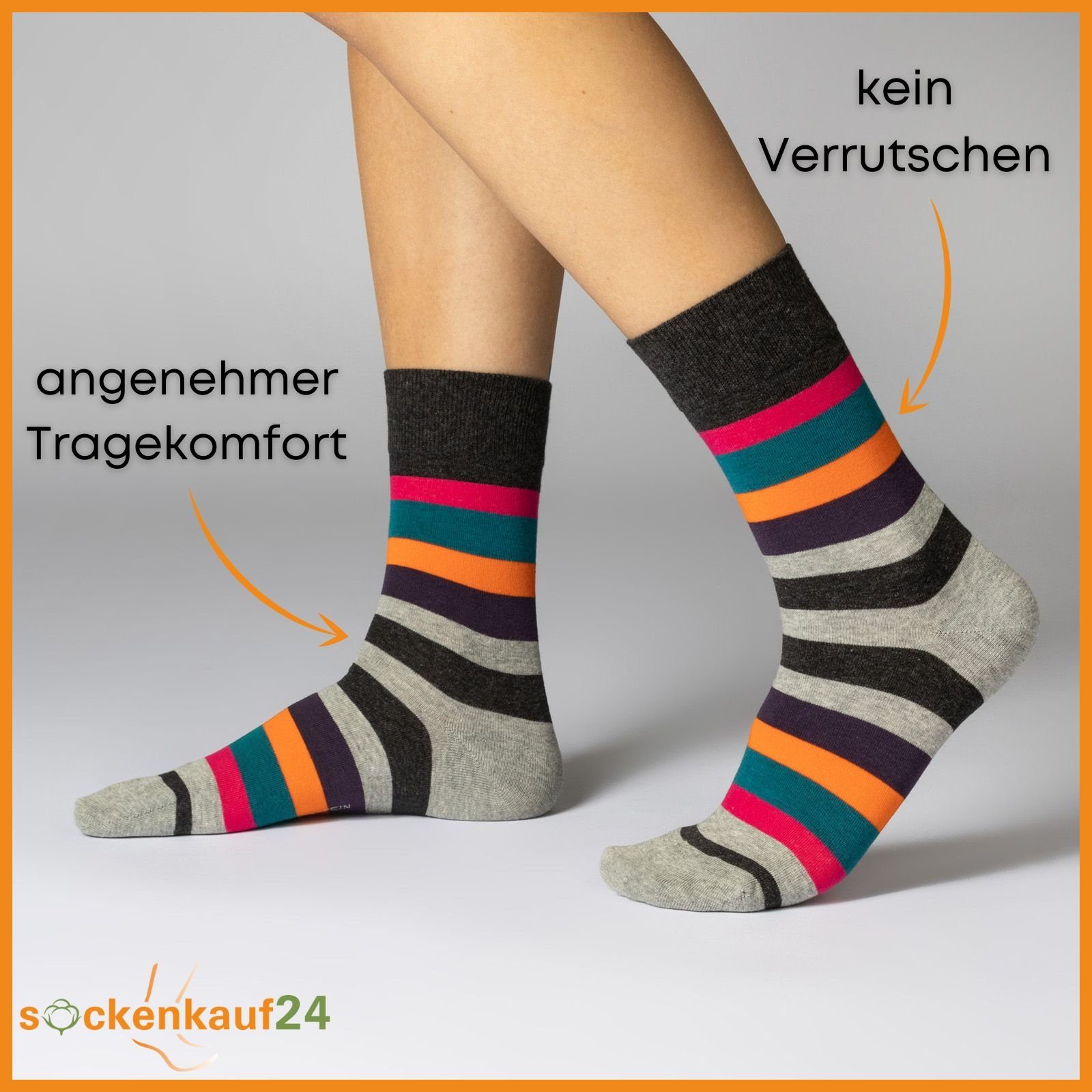 sockenkauf24 Basicsocken Damen Socken Bunt Ringelsocken Gestreift Baumwolle mit Komfortbund (6-Paar, 35-38) ohne Naht - 11979