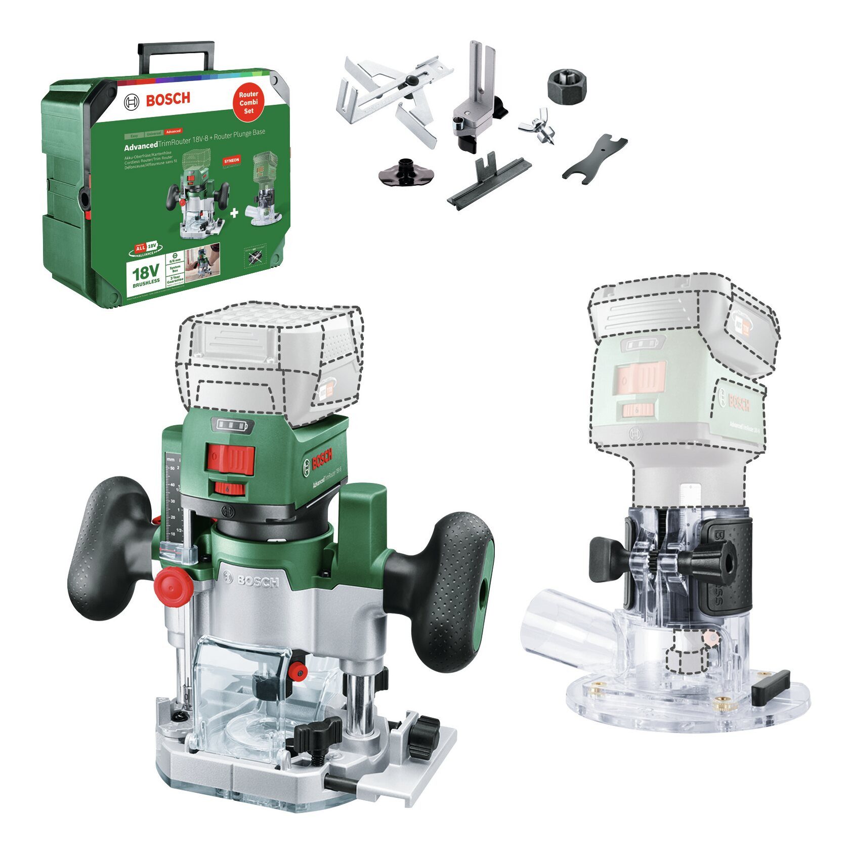 BOSCH Akku-Fräse AdvancedTrimRouter 18V-8, 18 in V, Ohne Akku mit Oberfräsen-Taucheinheit - im Karton