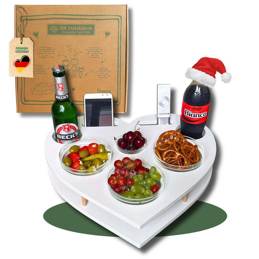 PEGSEN Servier-Set Couchbar mit Handyhalterung Snackbar Herz mit 4 Glasschalen Tablett, Stabil & Praktisch, lebensmittelechte Glasschalen, Handyhalterung