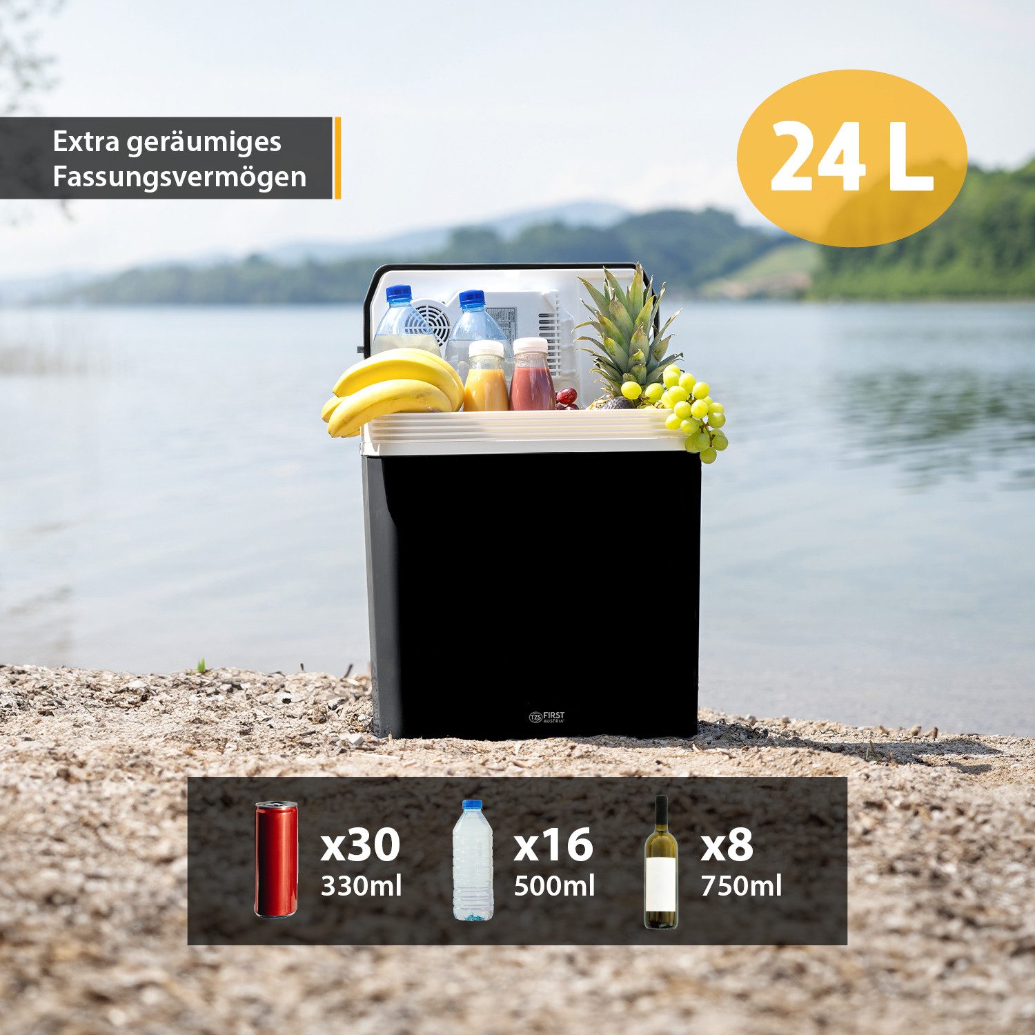 TZS FIRST AUSTRIA Elektrische Kühlbox 24L, Kühlbox, 12V /230V Anschluss, 12-V-Stecker fürs Auto, für Camping, Festivals, Reisen, mit Kühl- und Warmhaltefunktion