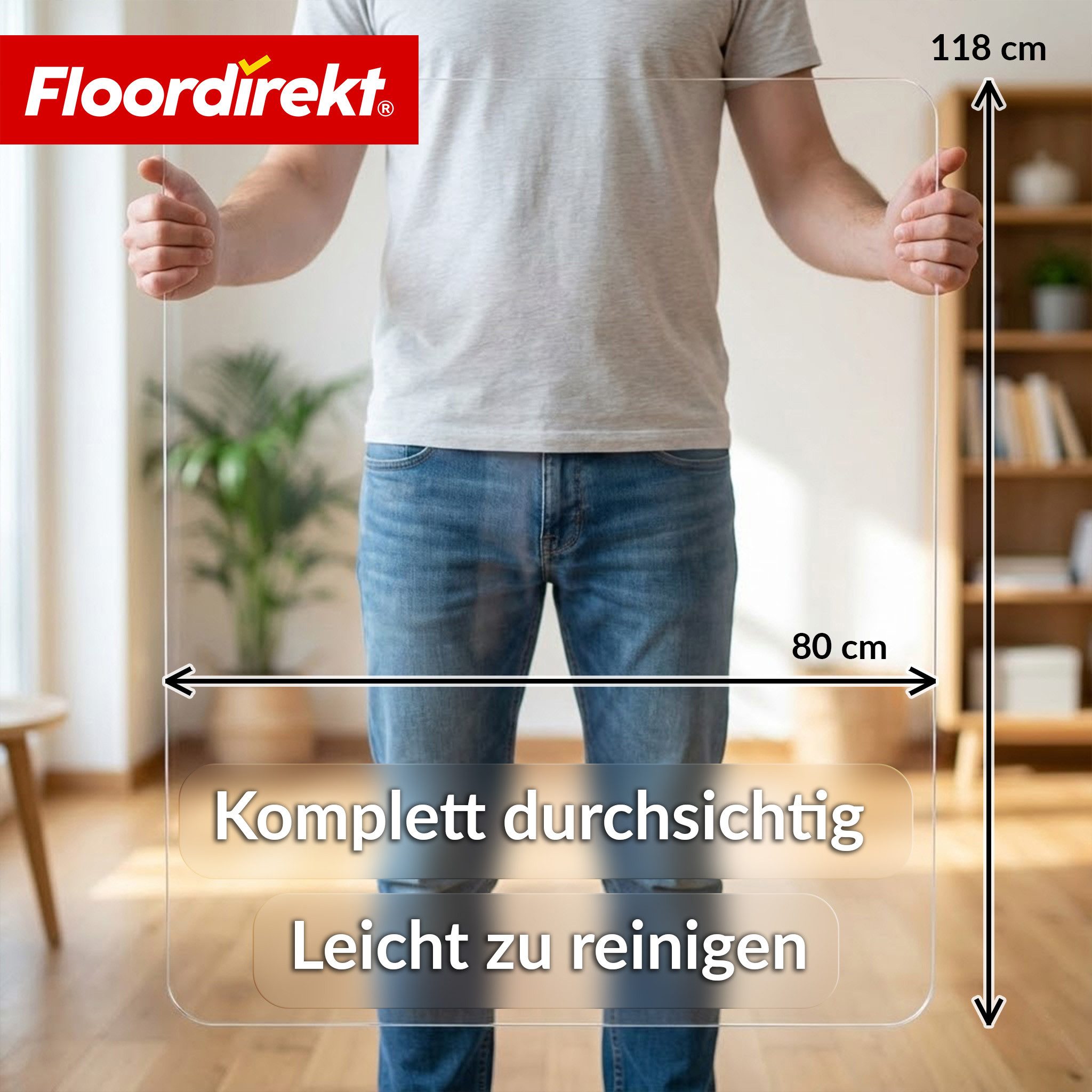Floordirekt Bodenschutzmatte Bürostuhlunterlage Secura 80×118 cm transparent – 5 mm bruchsicher, rutschfest, geräuschdämmend, kratzfest, 1-St., für Parkett, Laminat, Teppich & Homeoffice, Leicht zu reinigen, geruchsneutral