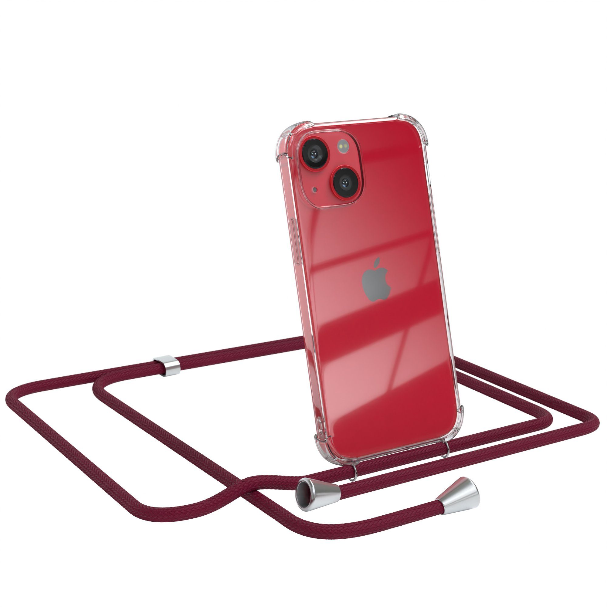 EAZY CASE Handykette Hülle mit Kette für Apple iPhone 13 Mini 5,4 Zoll, Silikonhülle durchsichtig mit Umhängeband Handytasche Bordeaux Rot