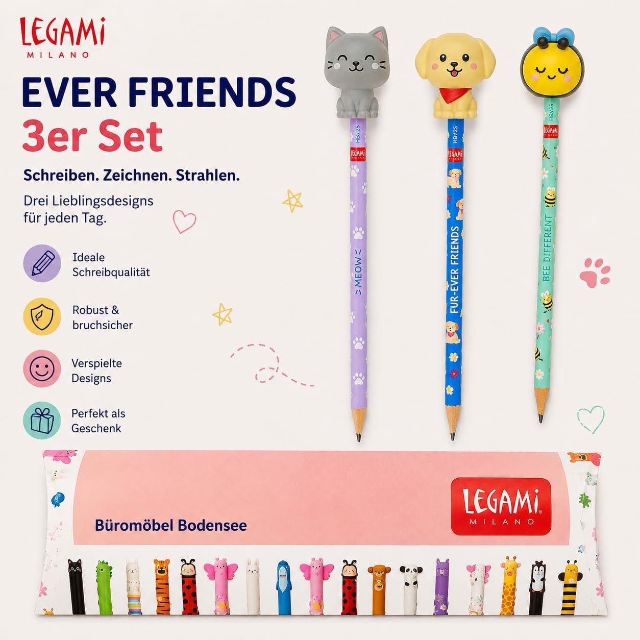 Legami Bleistift LEGAMI Squishy Bleistift 3er-Set Ever Friends Kitty Bee Golden – Bild 2 von 3