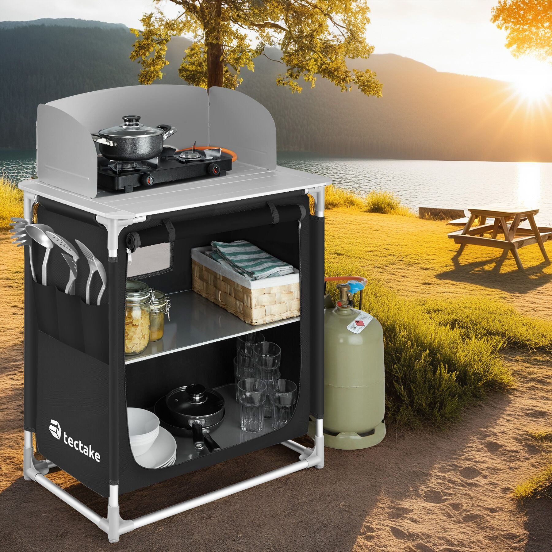 tectake Campingtisch Camping-Klapptisch, Maße: 76 x 53,5 x 107 cm, lässt sich falten (Outdoor-Tisch, 1-St., in schwarz), Wetterfest, mit 2 großen Fächern und Windschutz, mit Tragetasche