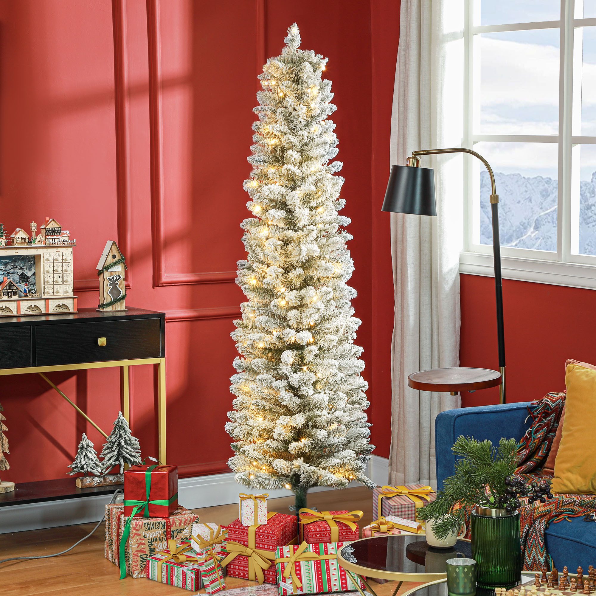 HOMCOM Künstlicher Weihnachtsbaum Christbaum Weihnachtsdeko mit LED Beleuchtung, Schnee, Tanne, für Weihnachtsfest, Indoor, grün+weiß