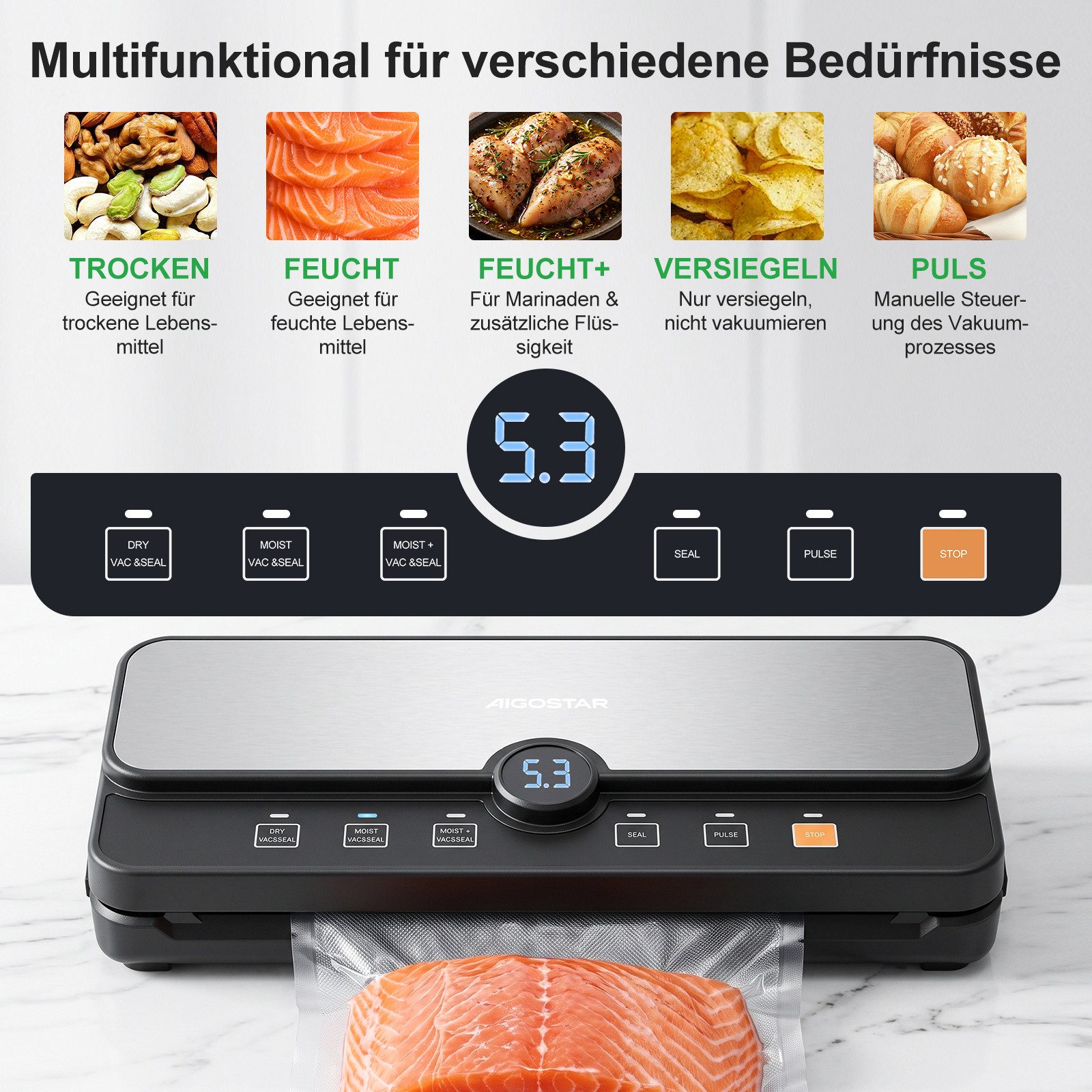 Aigostar Vakuumierer Vakuumiergerät, 9 L/Min, digitaler Timer, abnehmbare Auffangschale, 110W, 6 Modi, „Moist+“-Funktion, integriertem Schneider und Rollenfach – Bild 2 von 5