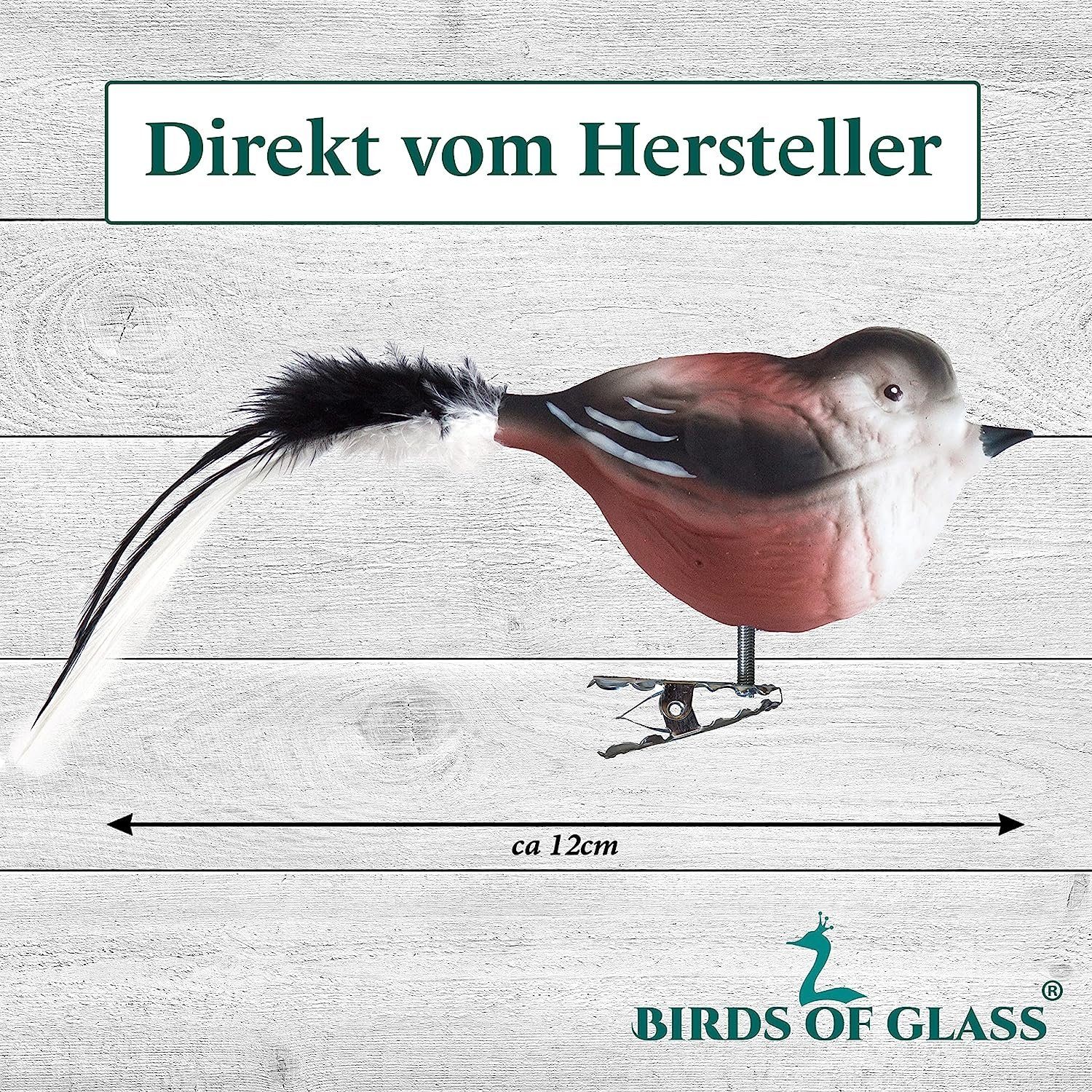 Birds Glass mundgeblasen, Herstellung mit handdekoriert, eigener Christbaumschmuck Glasvogel aus Naturfeder, Schwanzmeise of