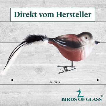 Birds of Glass Christbaumschmuck Glasvogel Schwanzmeise mit Naturfeder, mundgeblasen, handdekoriert, aus eigener Herstellung
