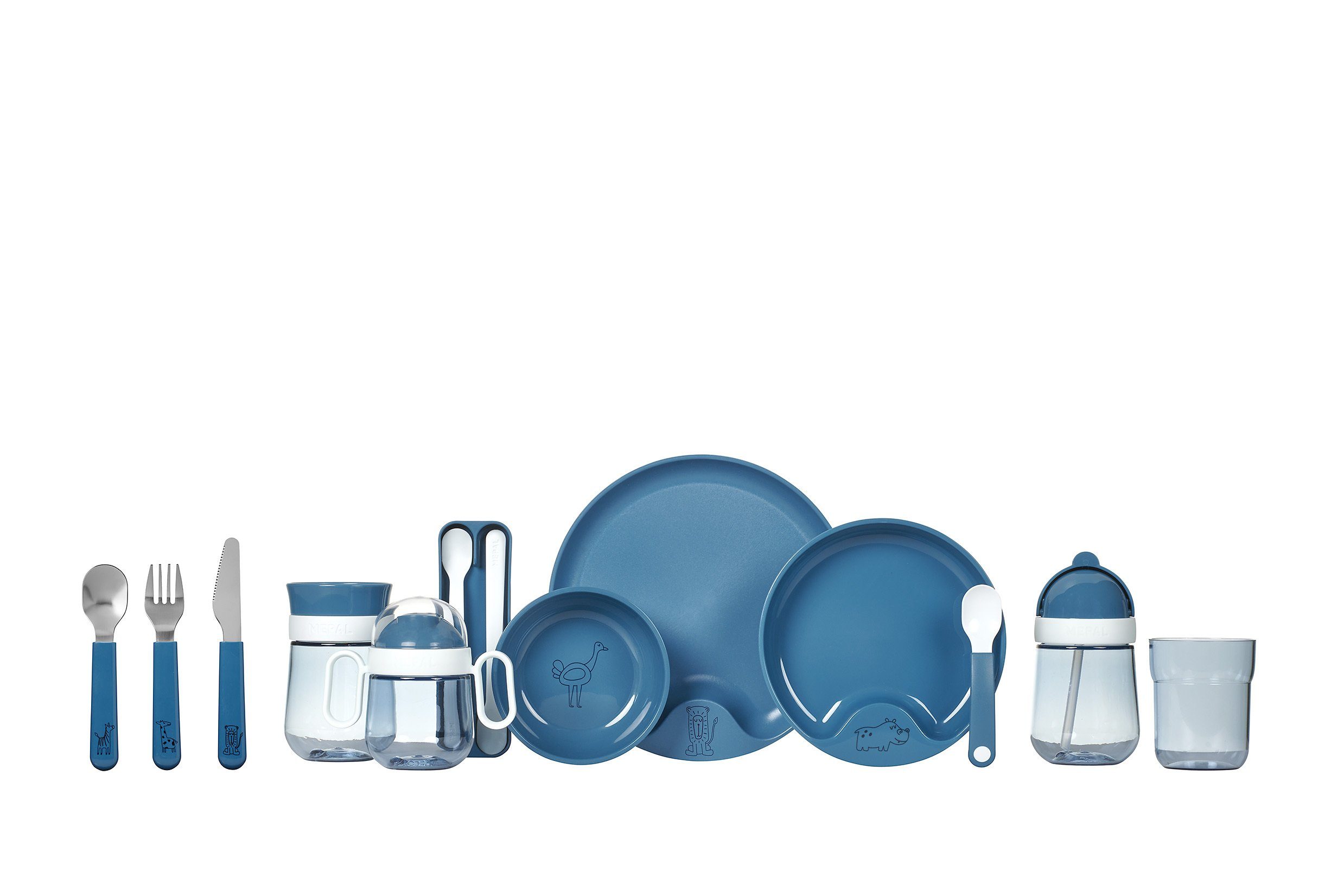 Mio Kinderschale Löffel, 3er (1x Kunststoff, blue Kinderschale Schale, Mepal 2x 3-tlg) Set, mit Fütterlöffel deep