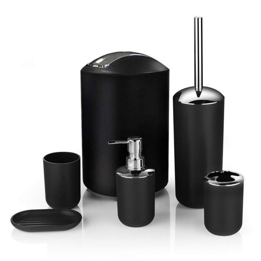 Rhein Beleuchtung Badaccessoire-Set Sechser-Set für das Badezimmer, badezimmer set, badezimmer zubehör, Schönes Badezimmer, pflegeleicht und langlebig, 6 tlg., Müll/WC-Bürste/Lotion-Fl./Mundw.-Becher/Zahnb.-Halter/Seifenschale, Müll/WC-Bürste/Lotion-Fl./Mundw.-Becher/Zahnb.-Halter/Seifenschale