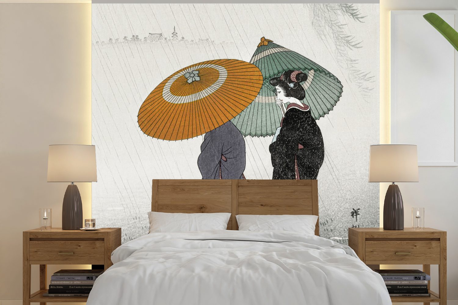 - St), Matt, oder (5 Vinyl Frauen Tapete - Schlafzimmer, Wohnzimmer bedruckt, Wandtapete Kimono Vintage, - MuchoWow Japandi Sonnenschirm für - Fototapete