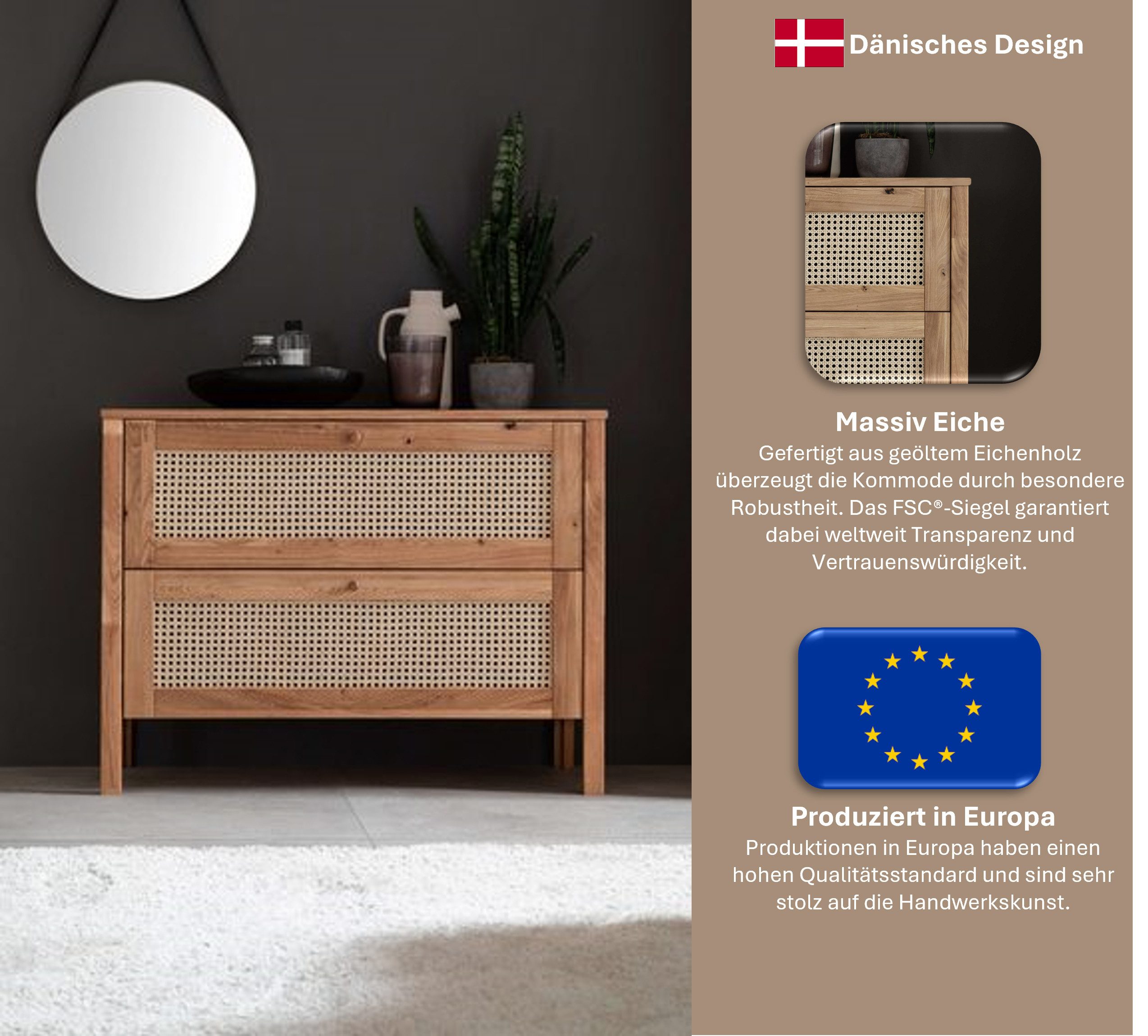 OTTO home Schubkastenkommode Hällevik, Kommode, Aufbewahrung, mit 2 geräumige Schubladen, Scandi (1 St), Schubladenfronten mit Wiener Geflecht, massive Eiche, Soft-Close