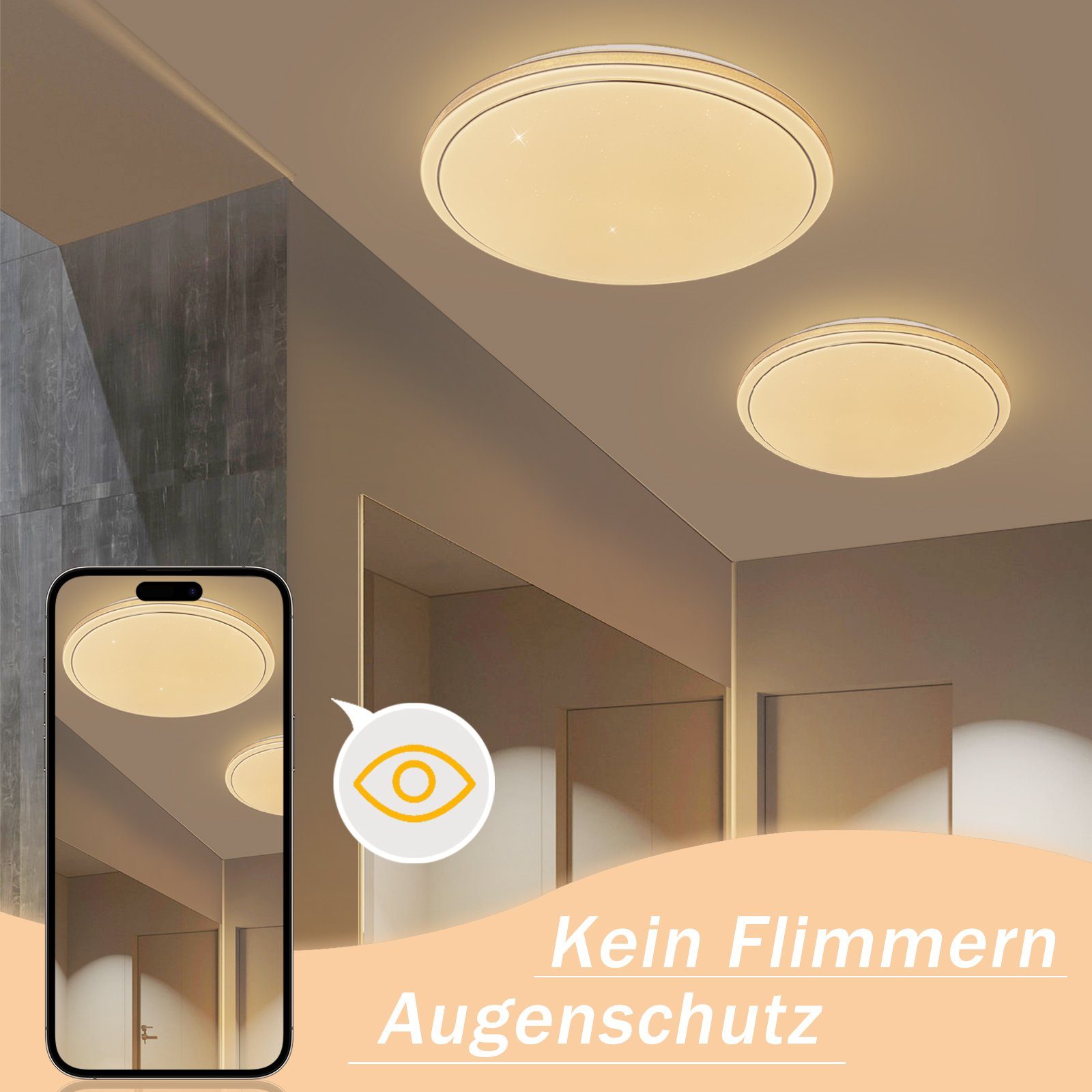 ZMH LED Deckenleuchte Wohnzimmer Deckenlampe Sternenhimmel Deckenlampe Modern Flur, Augenschutz, LED fest integriert, 3000K
