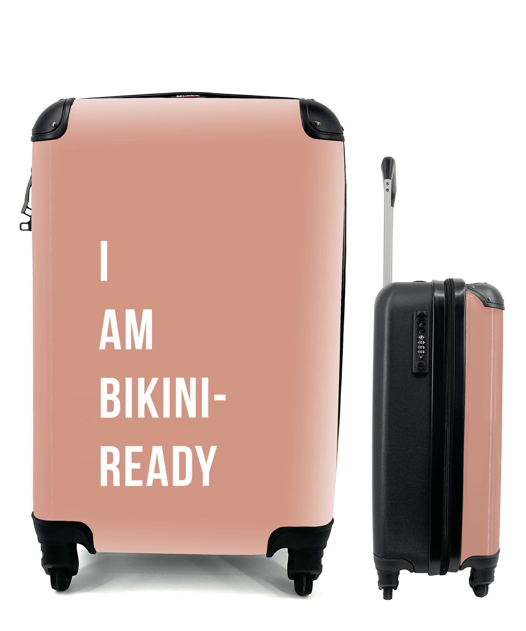 MuchoWow Handgepäckkoffer Ich bin Ferien, Bikini den bereit Reisekoffer - 4 Pink rollen, Trolley, Zitat, für für Rollen, - mit Handgepäck Reisetasche