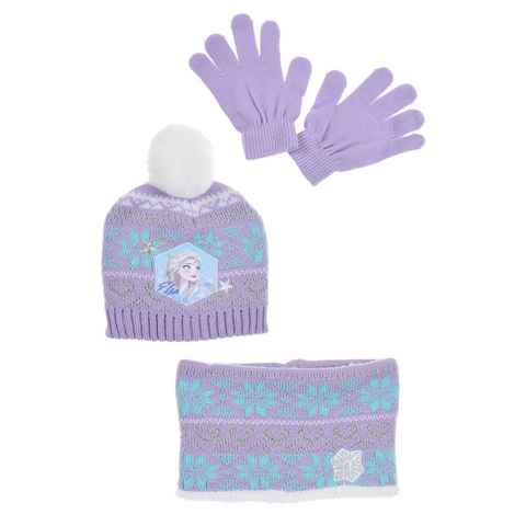 Disney Frozen Bommelmütze Mädchen Kinder Winter-Set 3 tlg. Mütze, Schal & Handschuhe (SET)