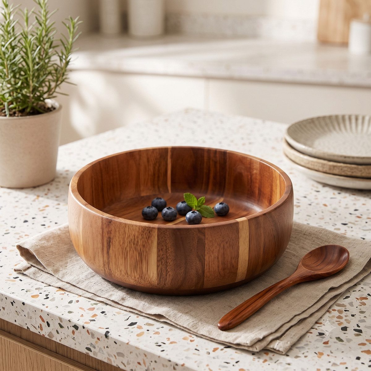 Bricard Servierschüssel Tiefe Massivholz-Salatschüssel in Block-Optik Akazie Holz Ø 22 cm, (1-tlg)