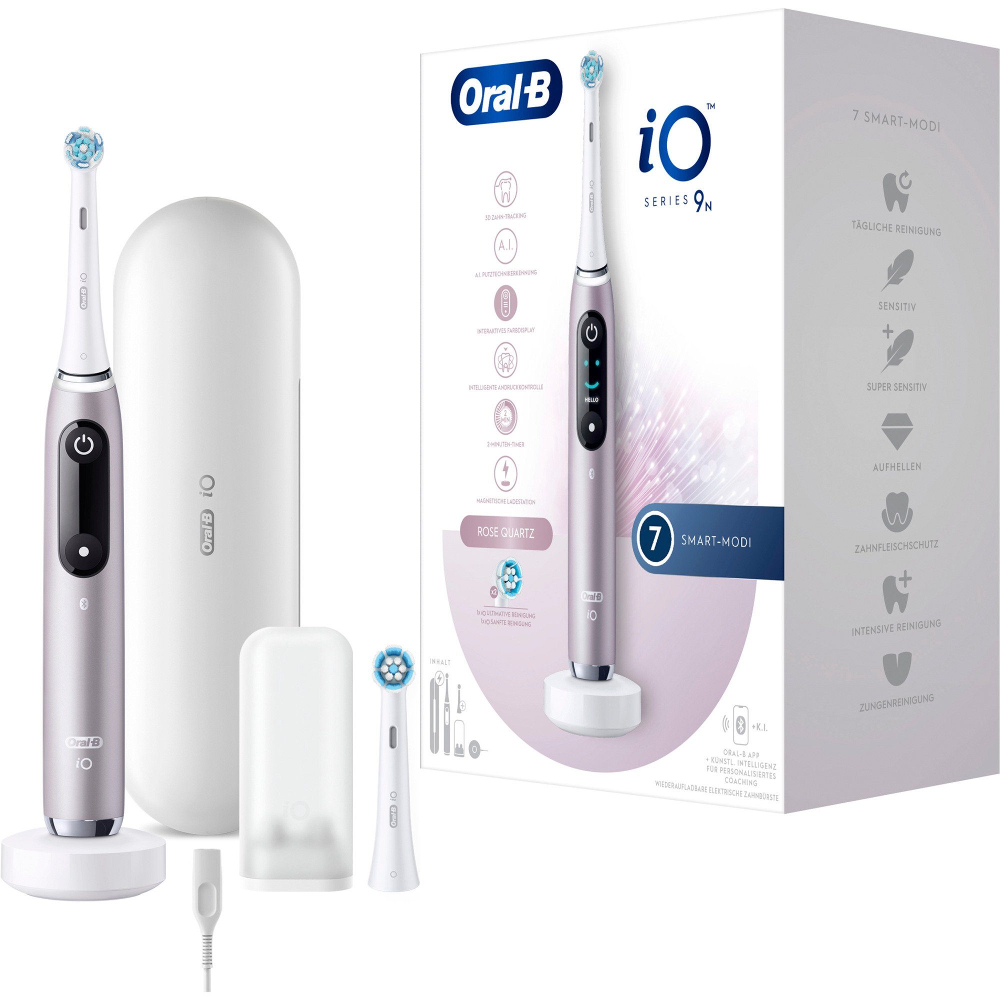 Oral-B Elektrische Zahnbürste Oral-B iO Series 9, Aufsteckbürsten: 2 St., 2 Aufsteckbürsten, 7 Putzmodi für Zahnpflege, 3D-Analyse, Farbdisplay & Lade-Reiseetui