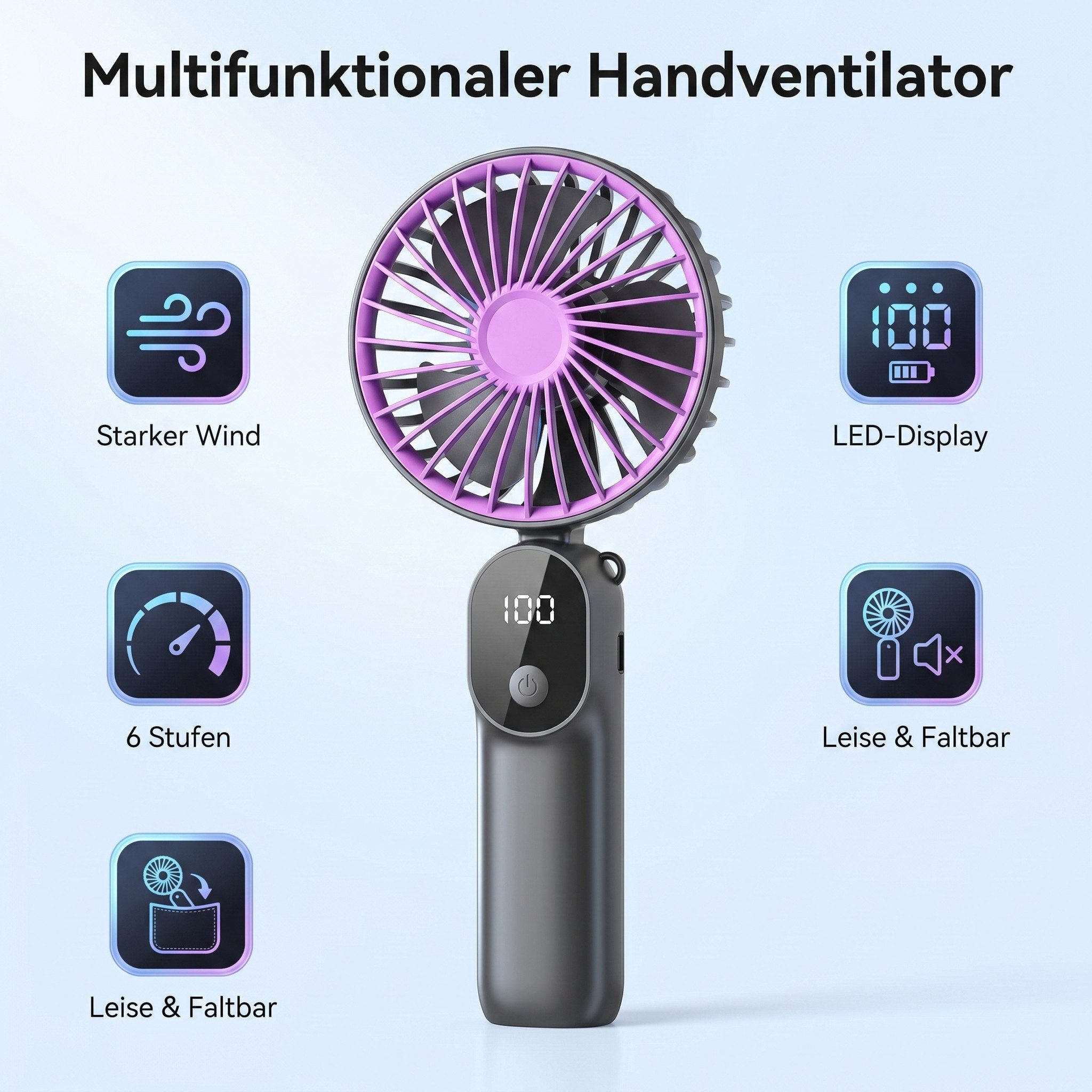 nsihing Handventilator Tragbarer Mini Ventilator, Wiederaufladbar, Kleiner Taschenventilator, Mit 6 Geschwindigkeitsstufen, Faltbarer USB-Ventilator für Büro