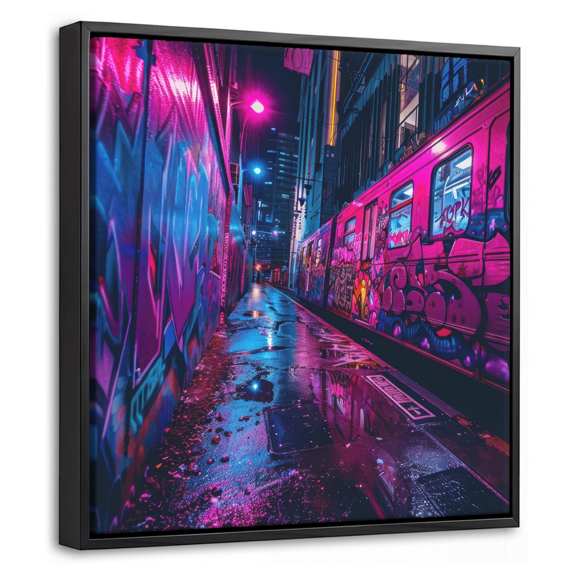 OneMillionCanvasses® Leinwandbild mit Rahmen - Stadt - Neon - Nacht - Rosa - Graffiti, Fotodruck (1 St), Leinwand Bilder Klein, Wand Dekoration Aesthetic 20x20cm