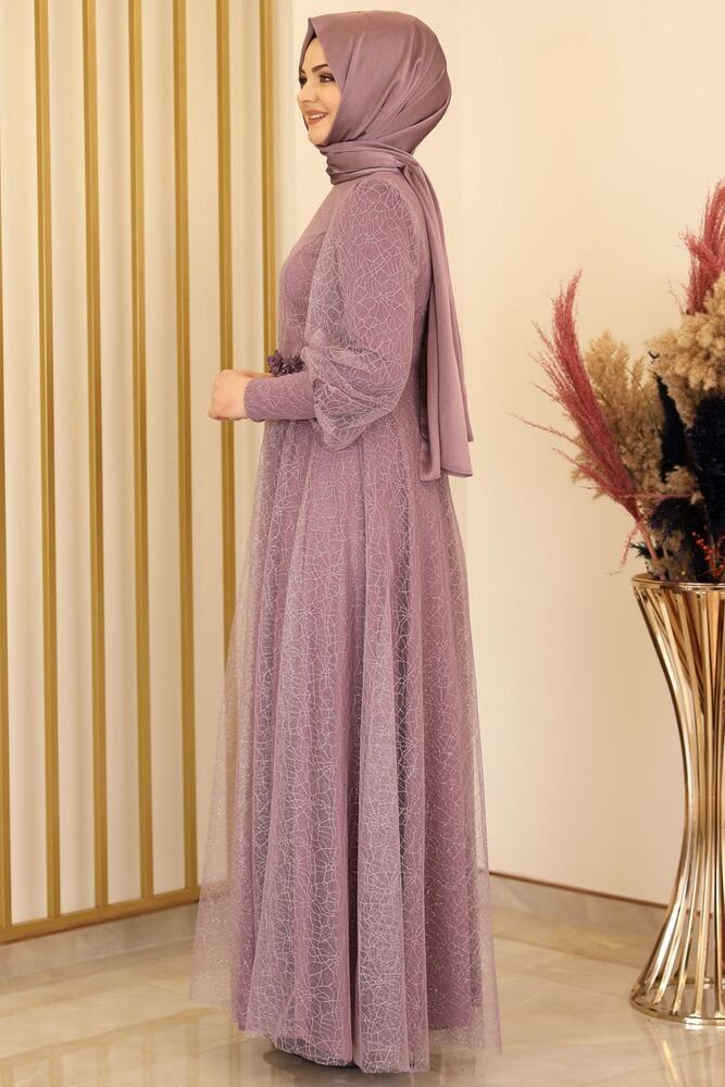Modavitrini Abendkleid silbriges Hijab Abaya langärmliges Abiye Maxikleid Kleid Tüllkleid Lila