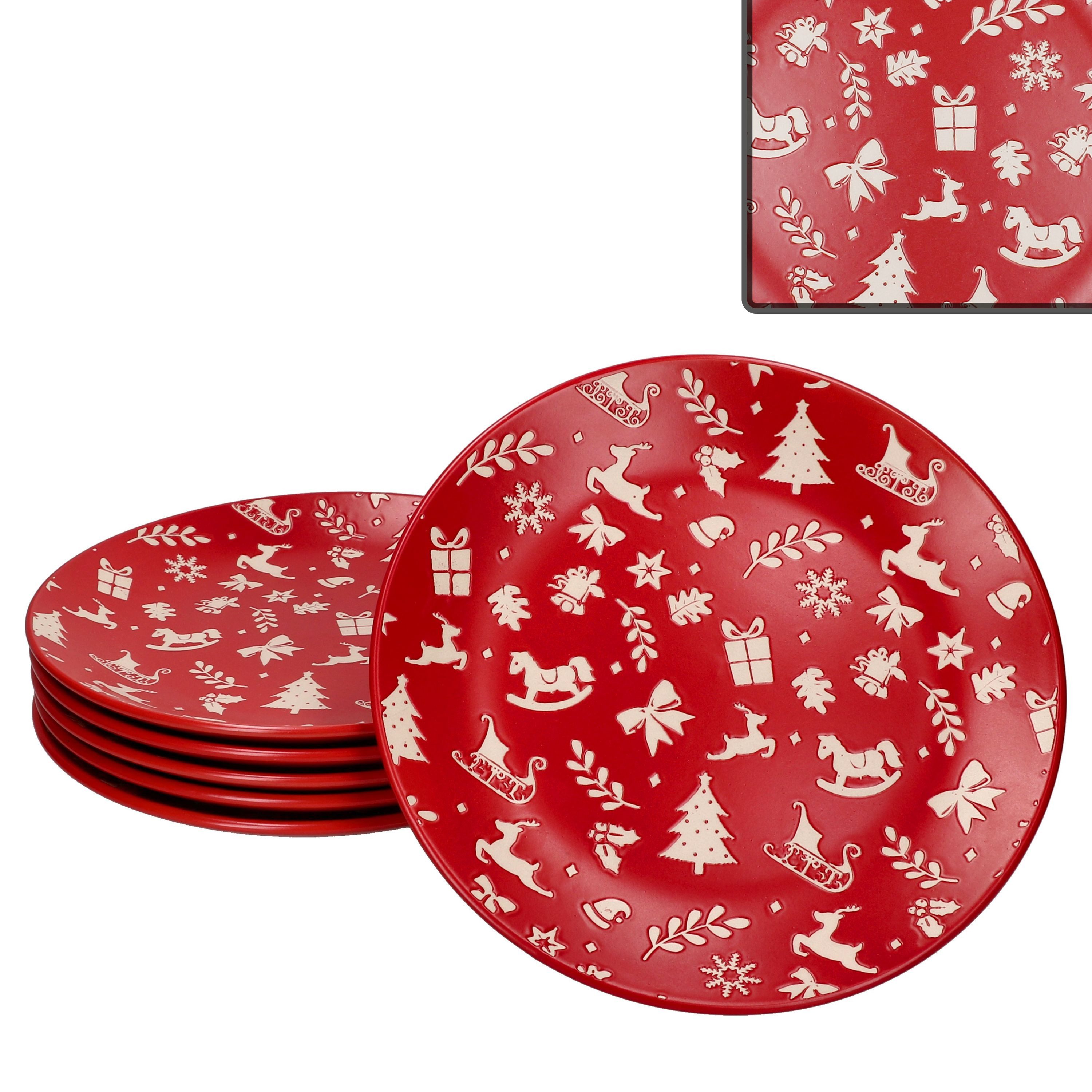 MamboCat Speiseteller 6er Set Advent Speiseteller Ø27cm Steingut Rot Weihnachten Essteller – Bild 2 von 5