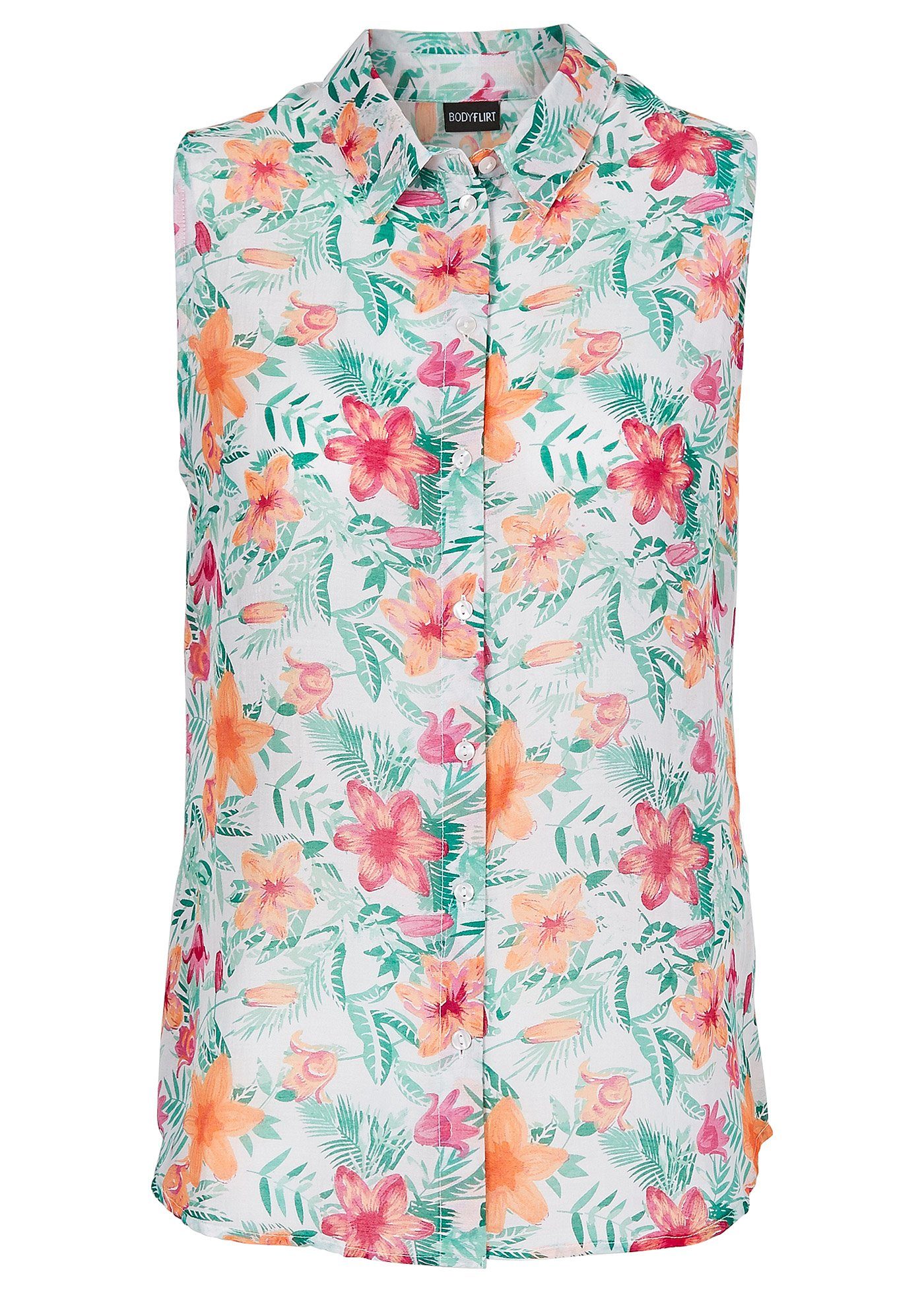 Blusentop Damen Bluse Top ärmellos Hemd Shirt Blumen-Muster weiss Gr. 40 913699