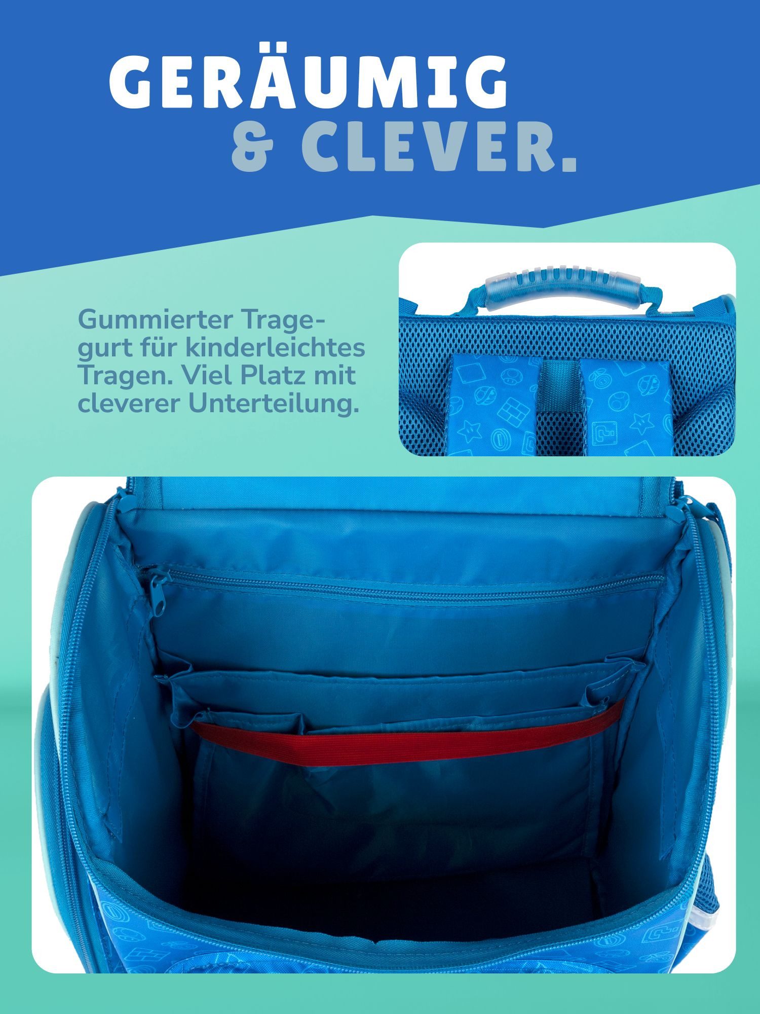 Familando Schulranzen Clou Super Mario Schultasche, blau, ab 1. Klasse (Grund-Set, 5-tlg., mit Federmappe, Schlamper, Turn- & Geldbeutel), kompakt, leicht, robust