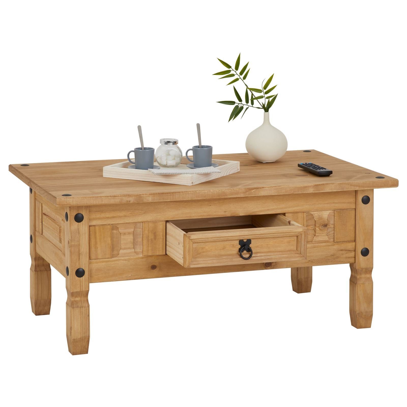 CARO-Möbel Couchtisch SALSA, Wohnzimmertisch 100x60cm, Sofatisch mit Schubkasten Landhausstil natur