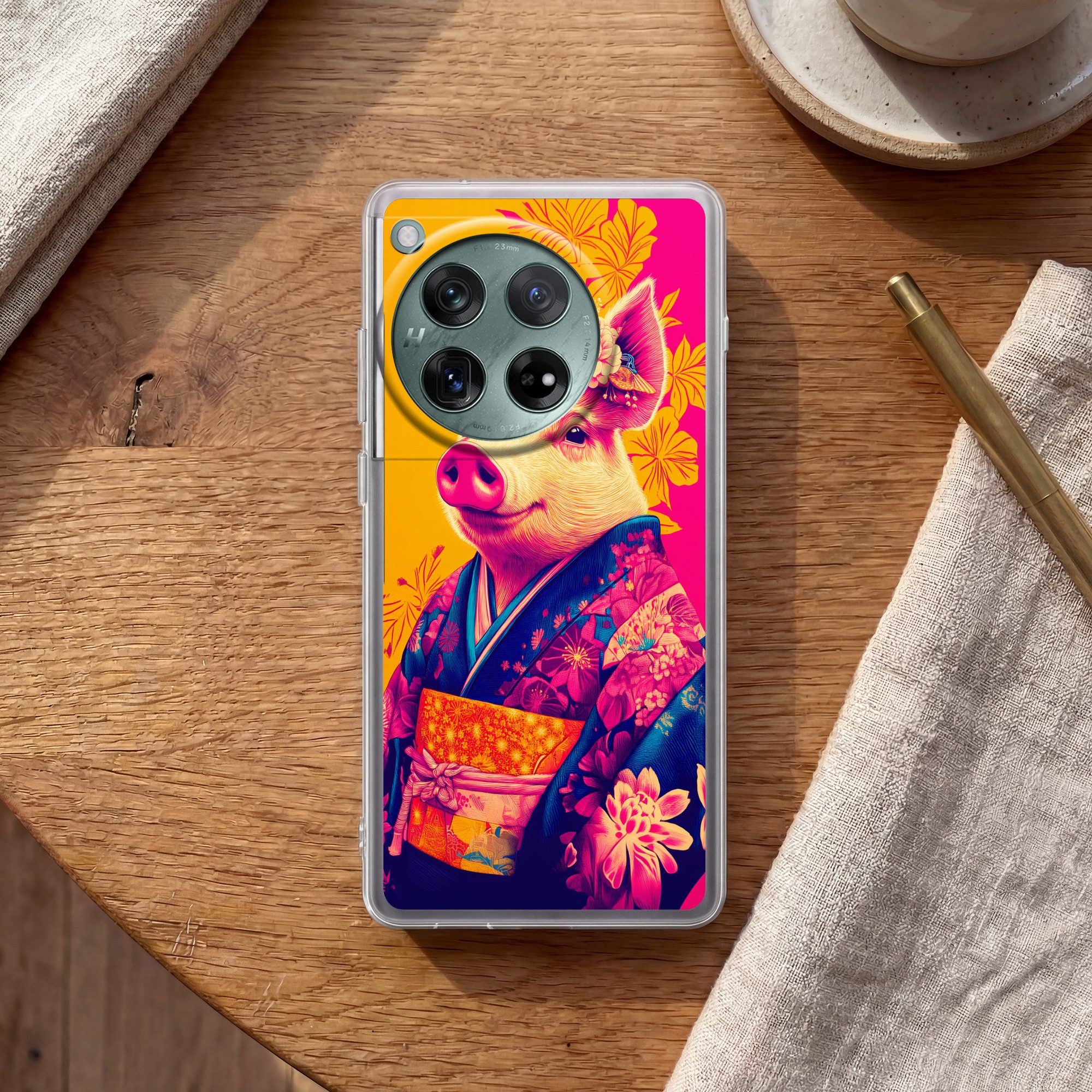 MuchoWow Handyhülle für OnePlus 12 Schwein - Blumenkrone - Kimono - Abstrakt, Handy Case, Silikon, Bumper Case Dünn