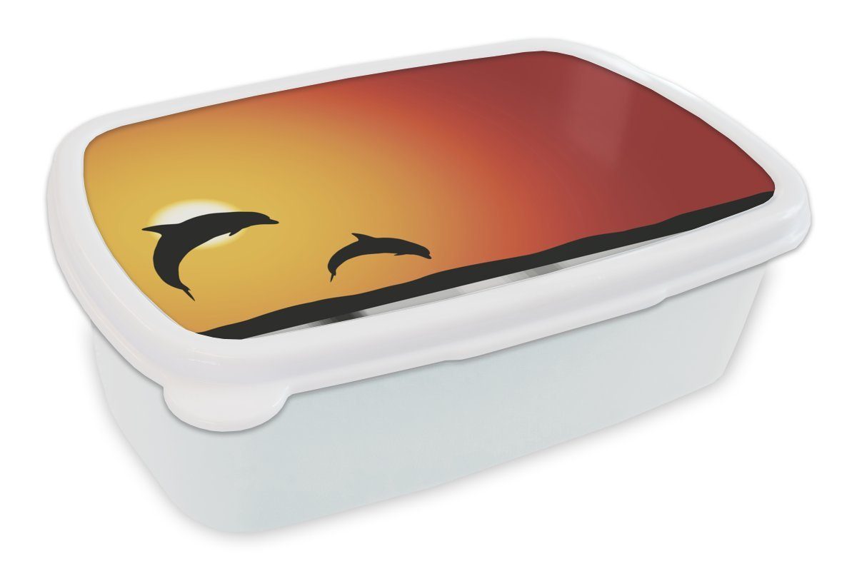 MuchoWow Lunchbox Delfine - Silhouette - Sonnenuntergang, Kunststoff, (2-tlg), Brotbox für Kinder und Erwachsene, Brotdose, für Jungs und Mädchen weiß