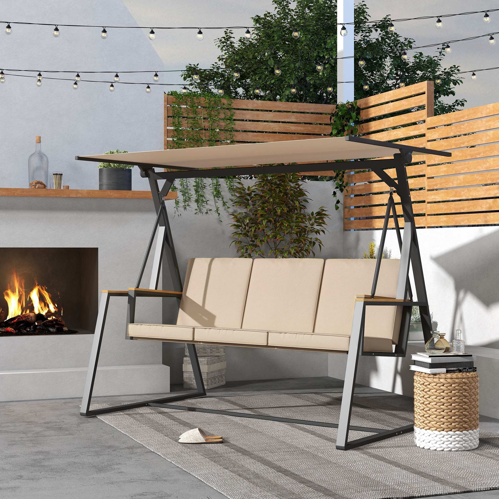 Outsunny Hollywoodschaukel Schaukelbank mit Kissen, bis 300 kg Belastbar, 205 x 130 x 175 cm, 3-Sitzer, Verstellbares Dach, Schaukel, 1 tlg., Gartenschaukel, für Garten, Balkon, Khaki