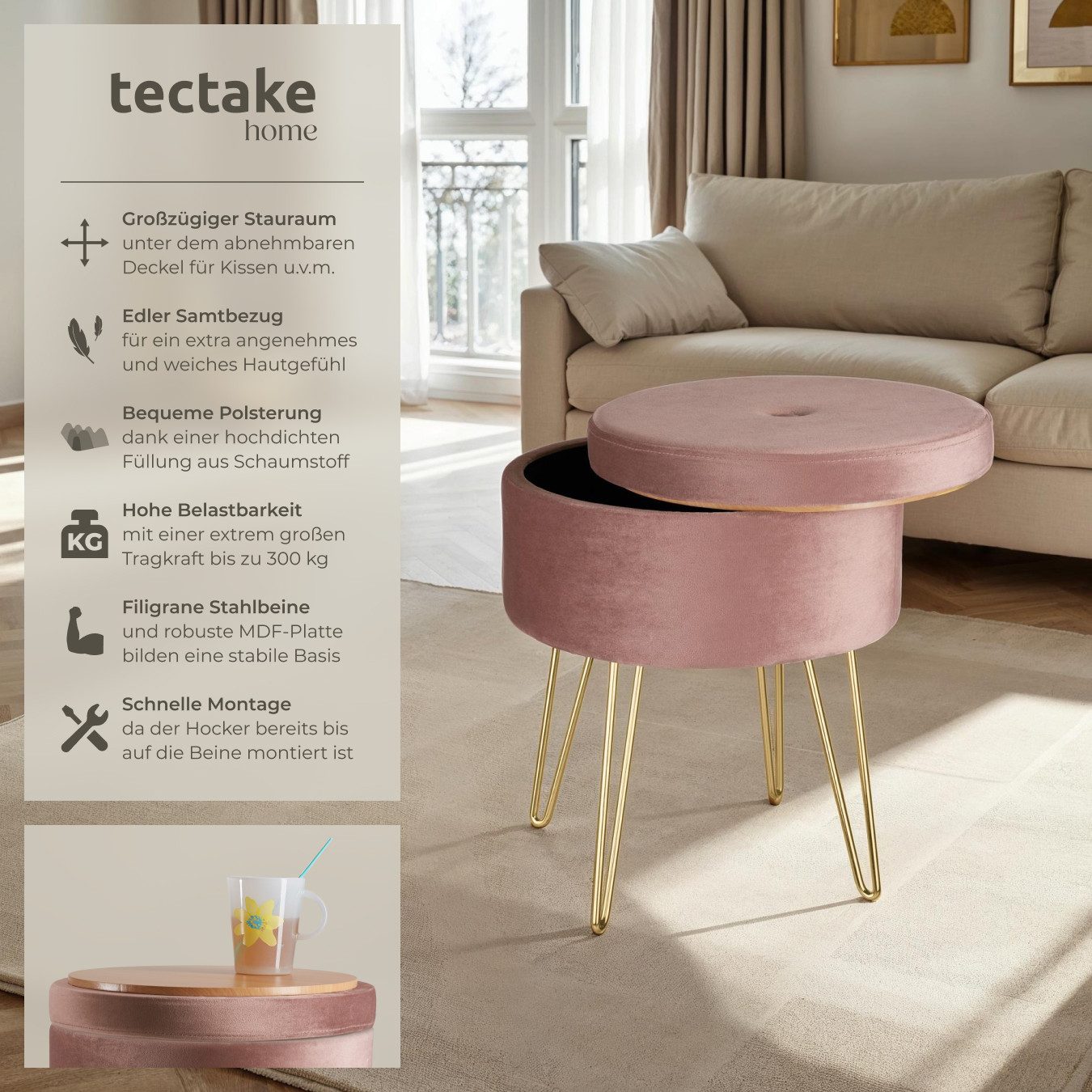 tectake Sitzhocker Schminkhocker Ava gepolstert in Samtoptik 300kg mit Stau günstig online kaufen