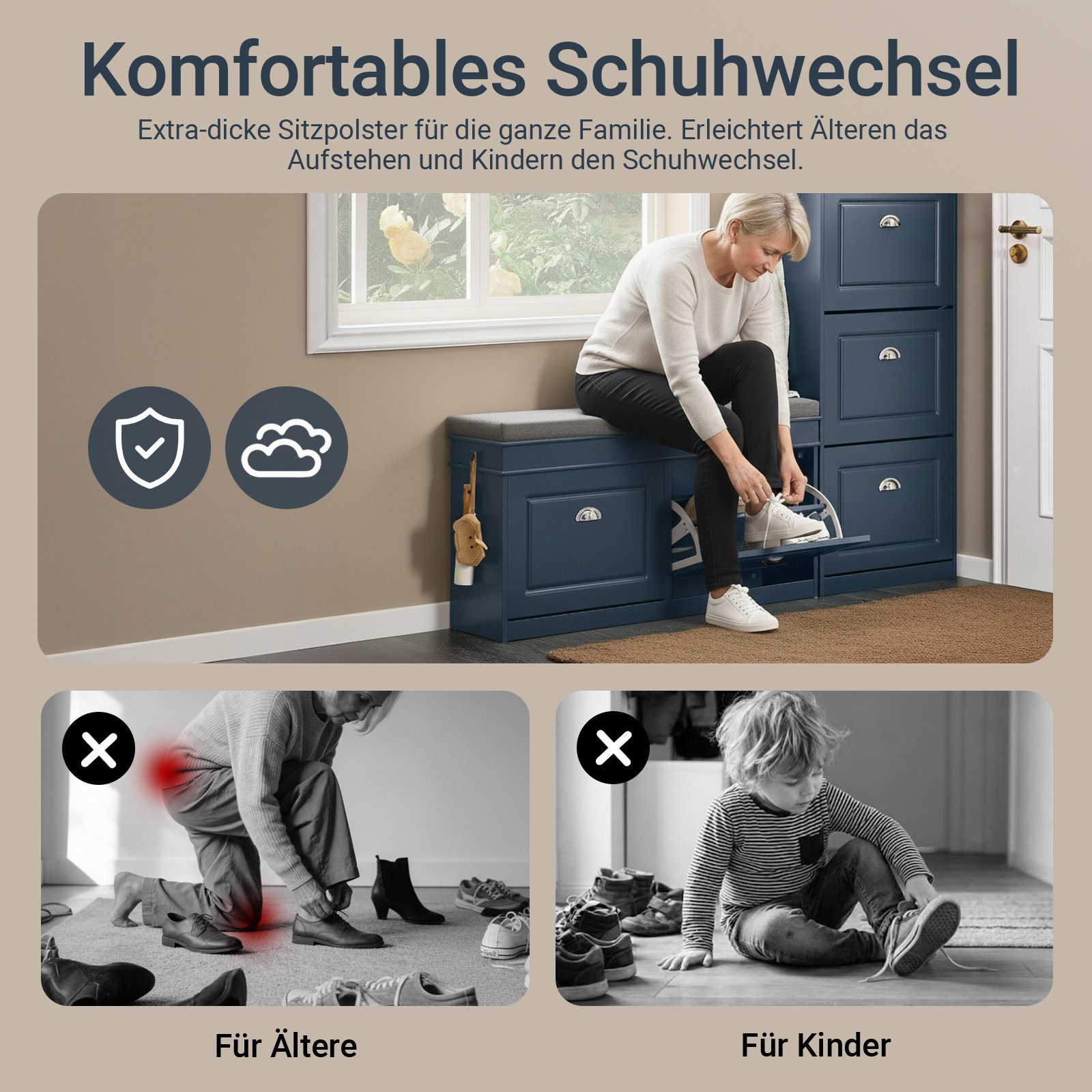 SoBuy Schuhbank FSR64, Schuhbank mit Sitzfläche, Schuhschrank schmal Schuhregal, Schuhkipper Sitzbank mit 2 Klappen, Schuhablage für Flur, kleine Räume
