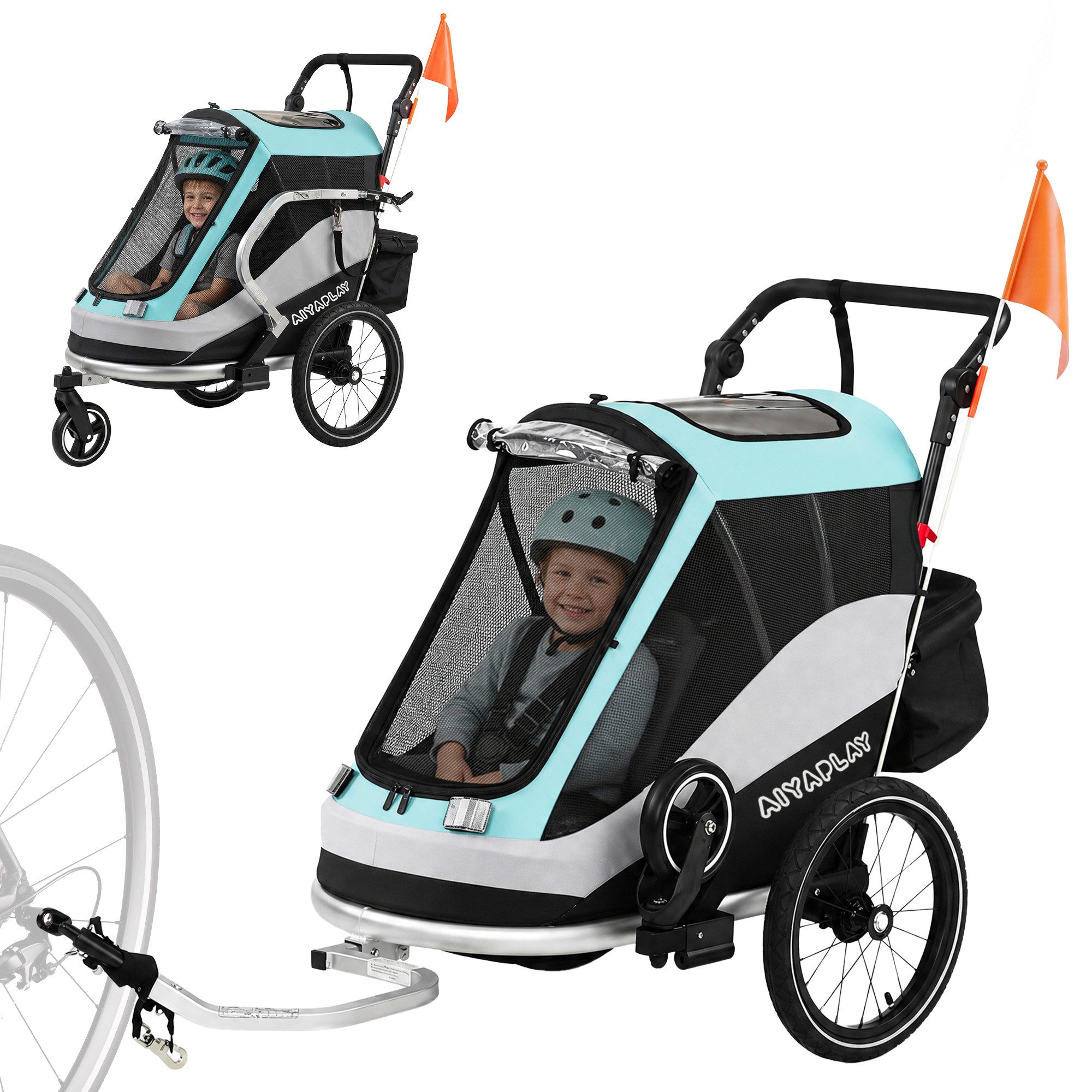 AIYAPLAY Fahrradkinderanhänger mit 5-Punkt Gurt, Reflektoren, 16-Zoll-Luftreifen, für Kinder ab 12 Monaten max. 18kg