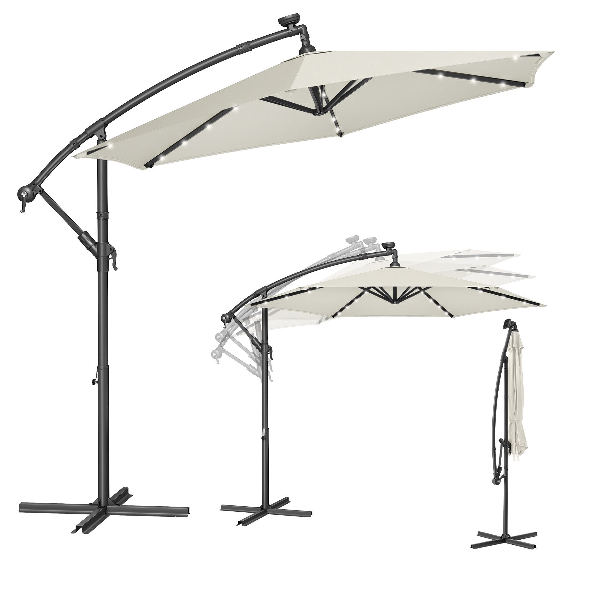SONGMICS Sonnenschirm, Ø 300 cm,LED-Solar-Beleuchtung,UPF 50+,mit Ständer