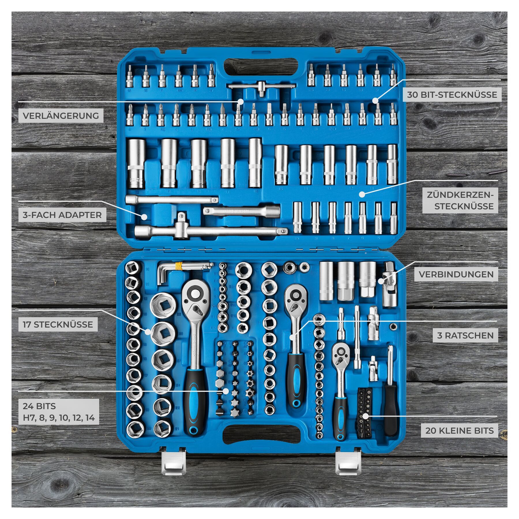 tectake Steckschlüssel (1 St), 171-teilig, 1/4, 3/8 und 1/2 Zoll