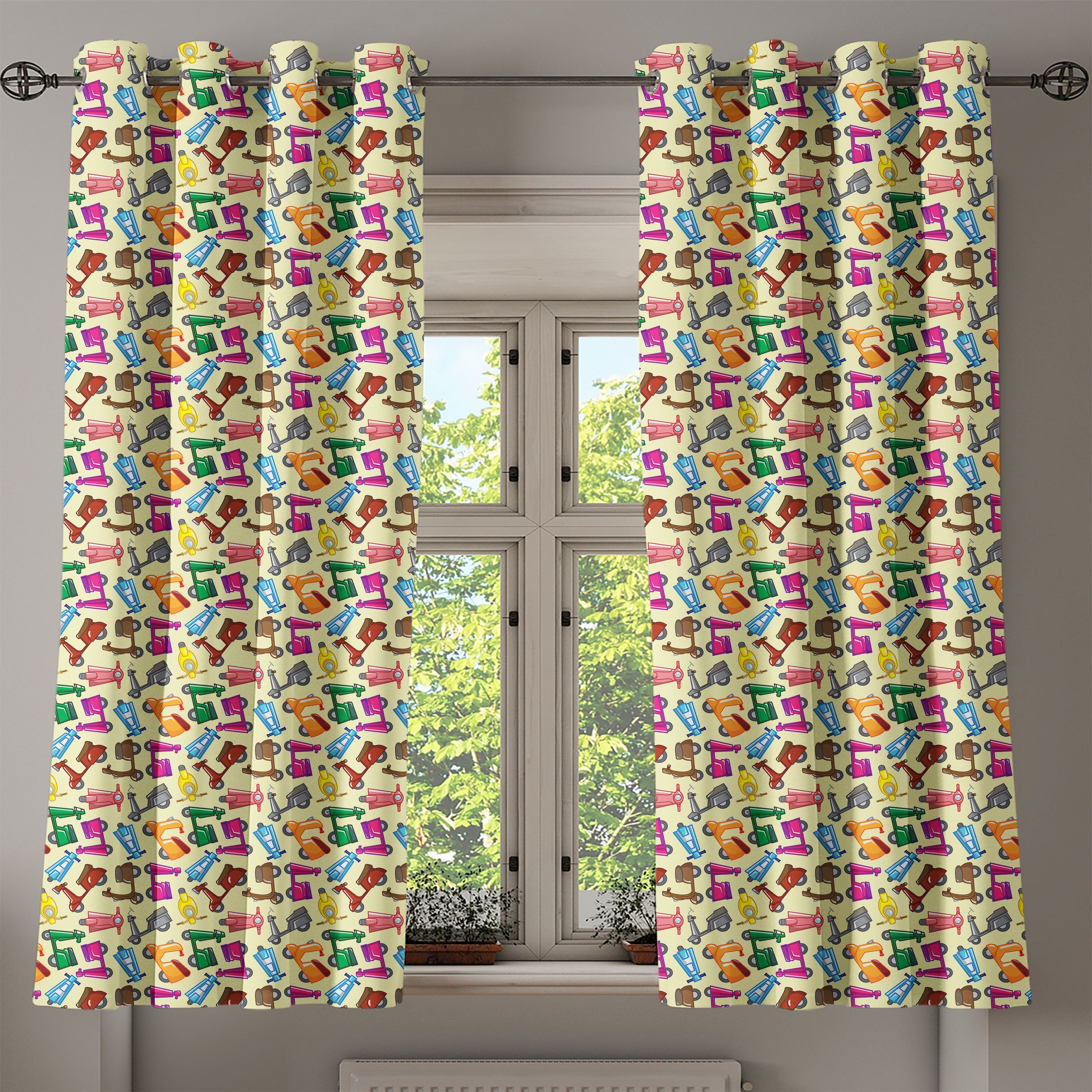 Bunte Gardine Karikatur Dekorative 2-Panel-Fenstervorhänge Motorräder Abakuhaus, Schlafzimmer Wohnzimmer, für