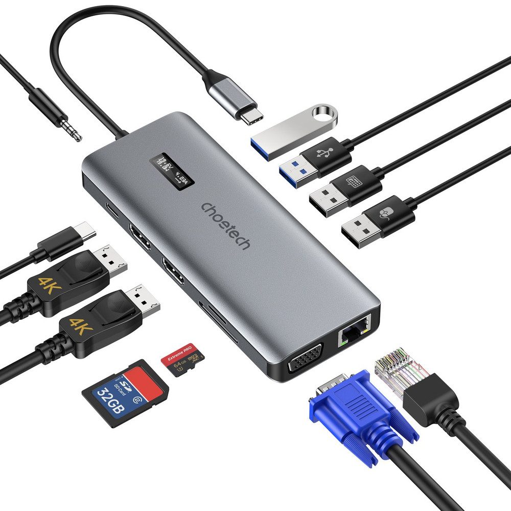 Choetech USB-Hub Dockingstation Display Dockingstation (12-in-1, Display, 2x HDMI 4K, LAN, PD 100W)