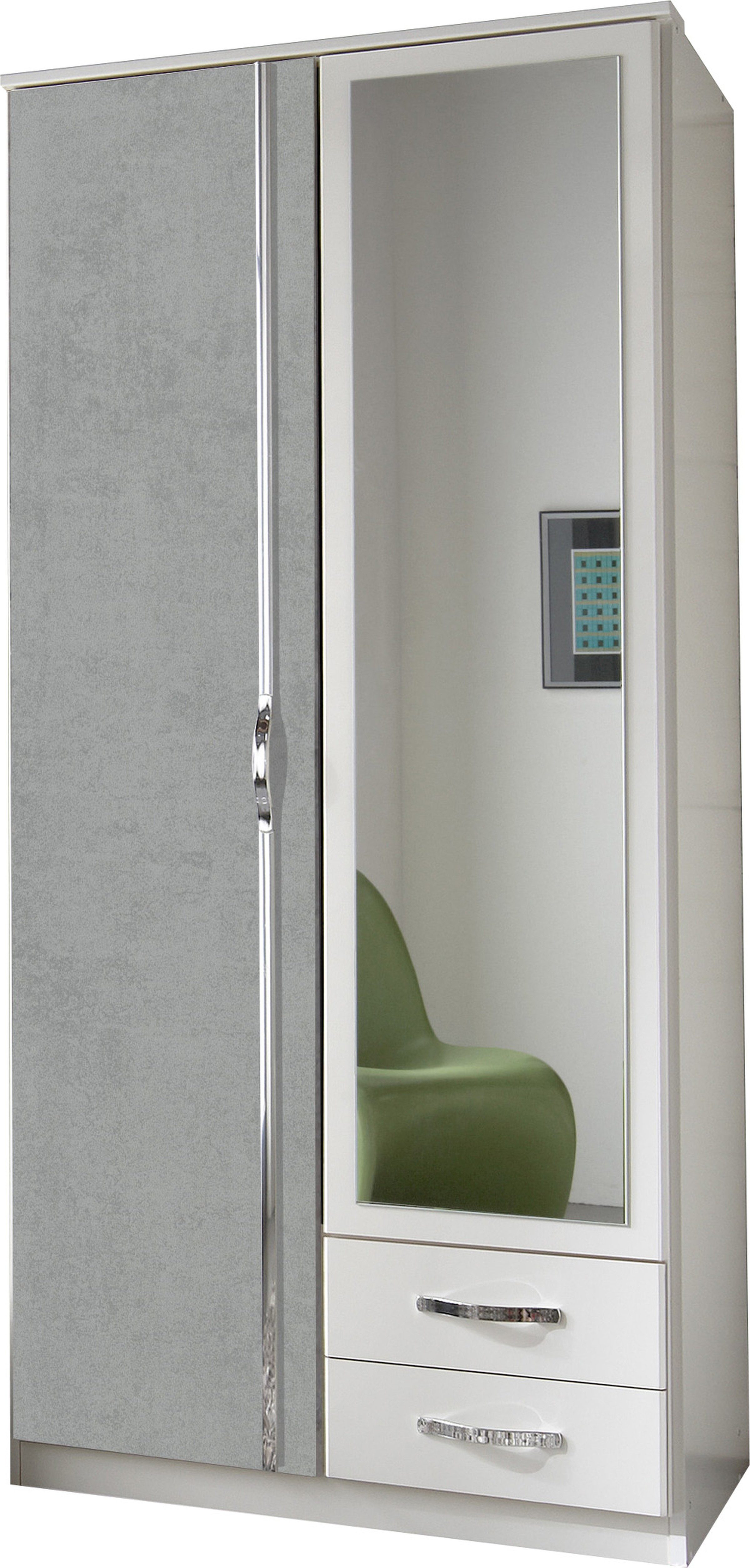 möbel-direkt.de Drehtürenschrank Duo in Weiß mit Beton (komplett, 1-St., Kleiderschrank) Made in Germany, mit Aufleistungen in Chrom, mit Spiegel